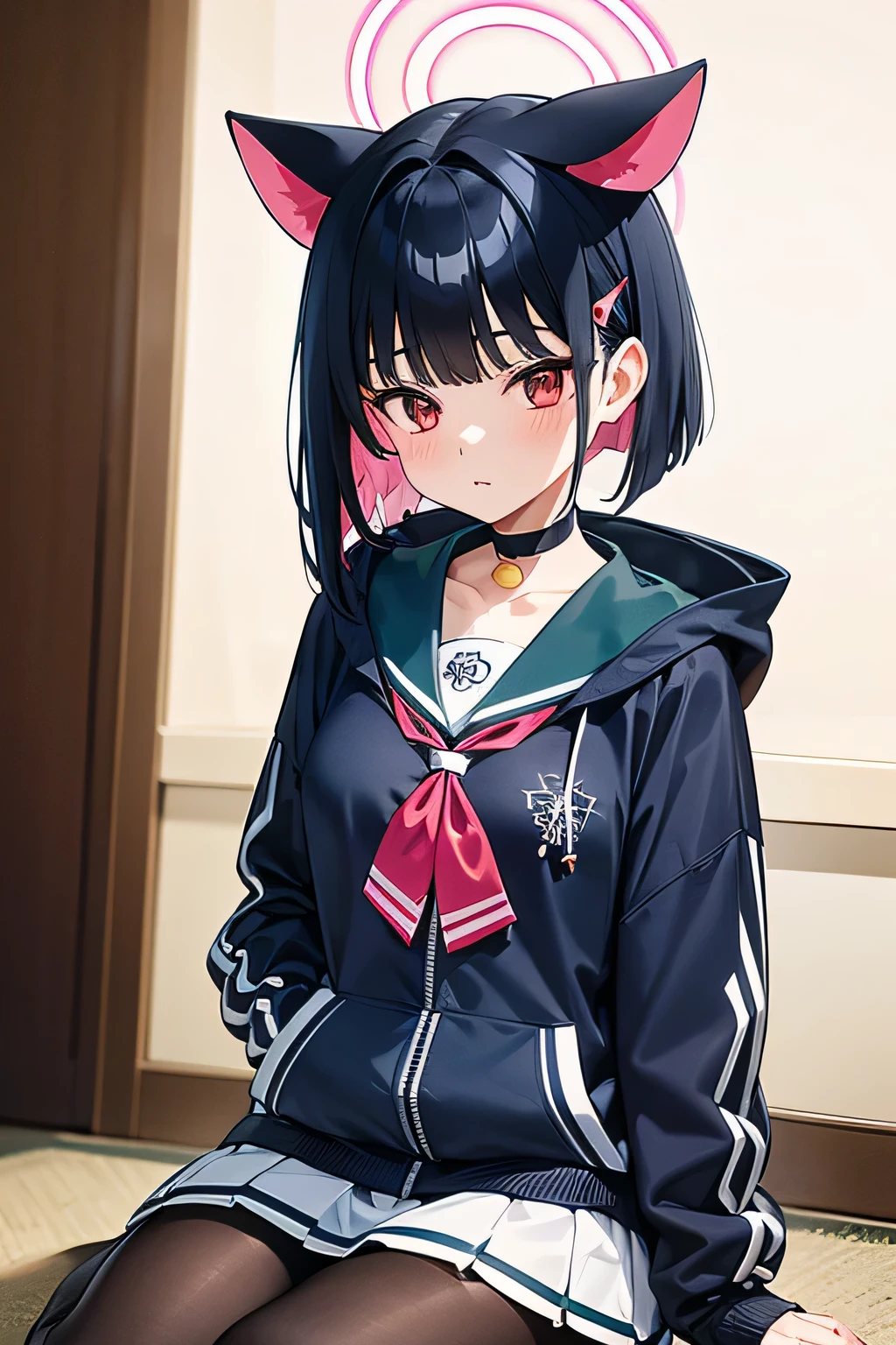 kazusa, red eyes, black hair, two-tone hair, colored inner hair, short hair, blunt bangs, hair clip, cat ears, choker, halo
black hoodie, long sleeves, green sailor collar, pink neckerchief, white skirt, pleated skirt, miniskirt, brown pantyhose, sneakers, 8k resolutions, sit in coffe, masterpiece