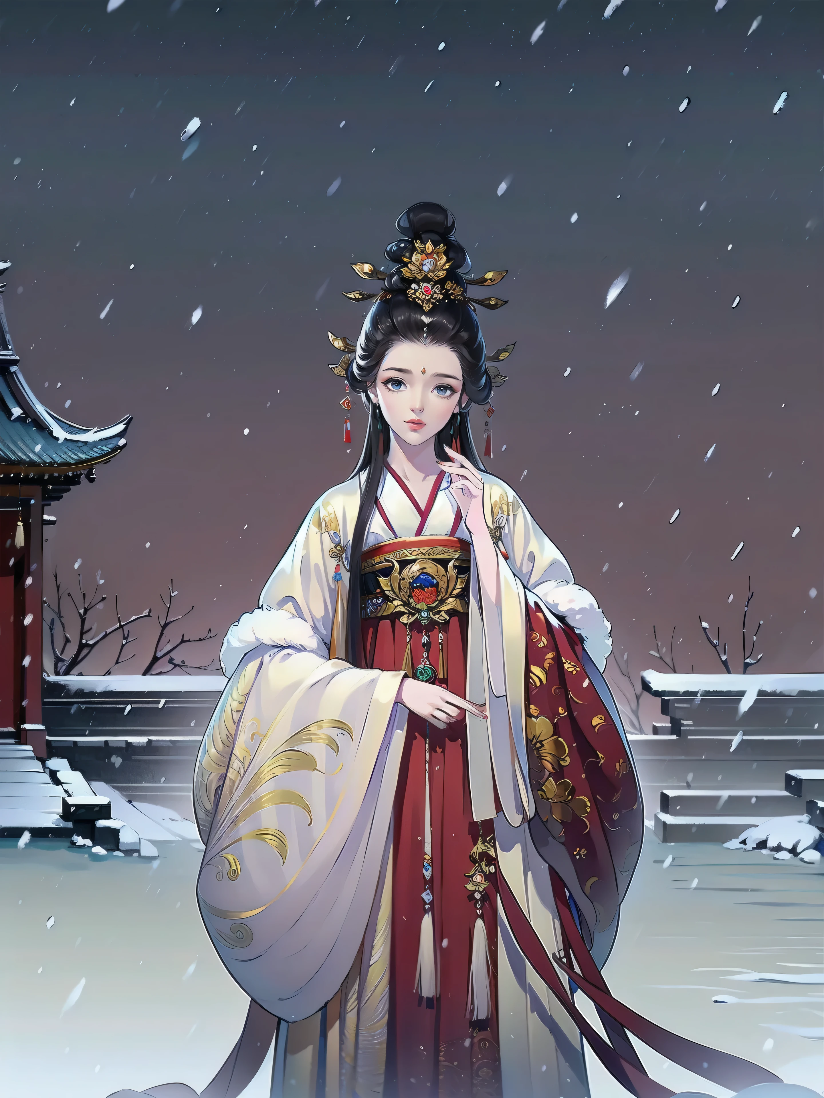 （masterpiece，super detailed，HD details，highly detailed art）1 girl standing in the snow，Stone road，winter，heavy snowfall，alone，Smile，palace，Highly detailed character designs from East Asia，Game character costume design，ultra high resolution, sharp focus, epic work, masterpiece, (Very detailed CG unified 8k wallpaper)，pretty face，beautiful eyes，HD details