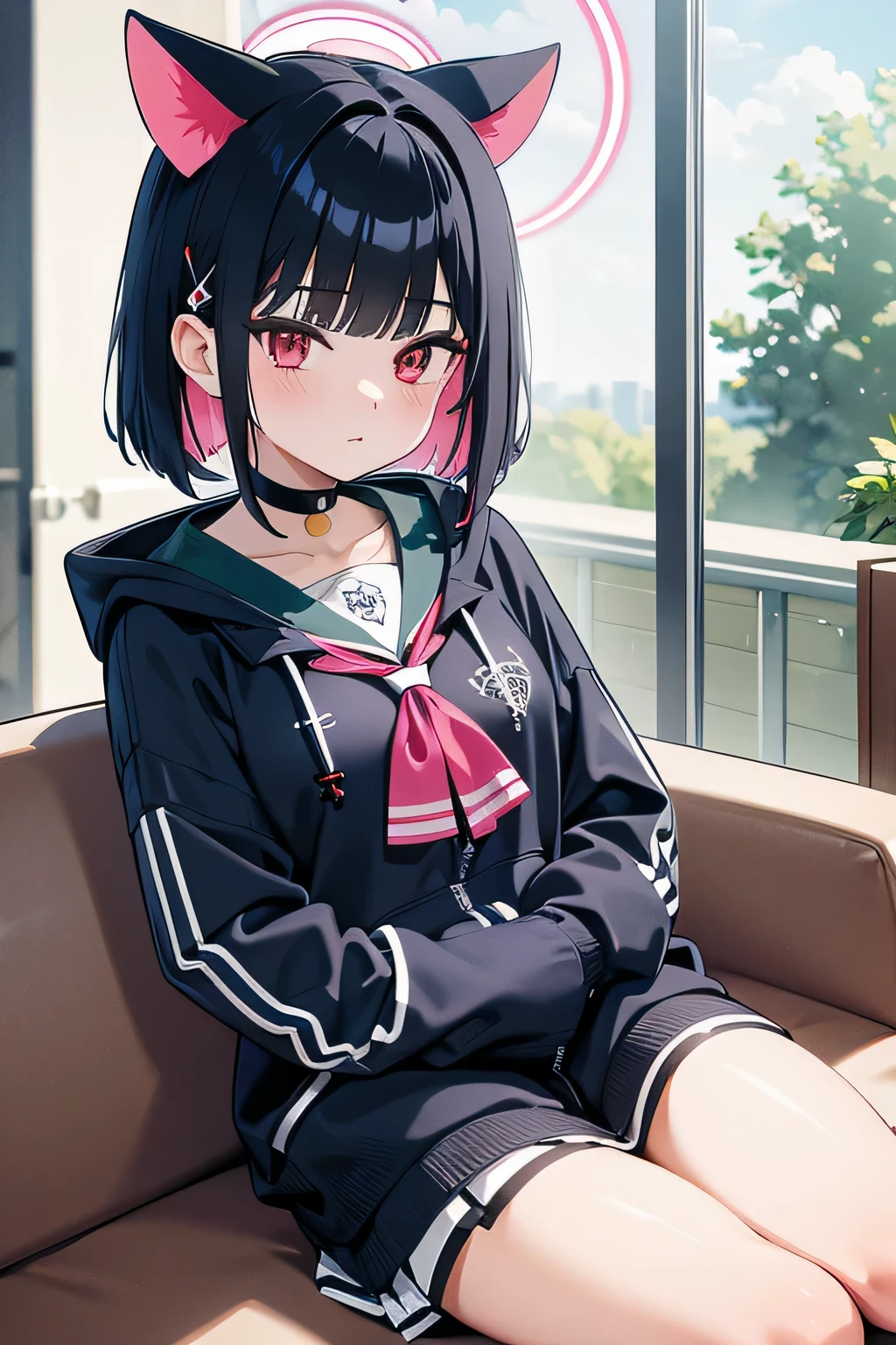 kazusa, red eyes, black hair, two-tone hair, colored inner hair, short hair, blunt bangs, hair clip, cat ears, choker, halo
black hoodie, long sleeves, green sailor collar, pink neckerchief, white skirt, pleated skirt, miniskirt, brown pantyhose, sneakers, 8k resolutions, sit in coffe, masterpiece