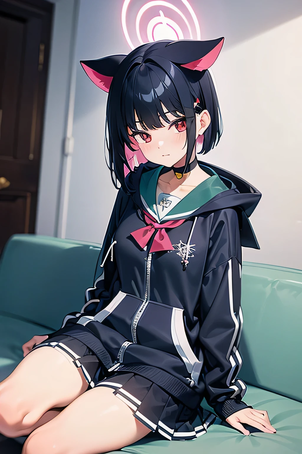 kazusa, red eyes, black hair, two-tone hair, colored inner hair, short hair, blunt bangs, hair clip, cat ears, choker, halo
black hoodie, long sleeves, green sailor collar, pink neckerchief, white skirt, pleated skirt, miniskirt, brown pantyhose, sneakers, 8k resolutions, sit in coffe, masterpiece