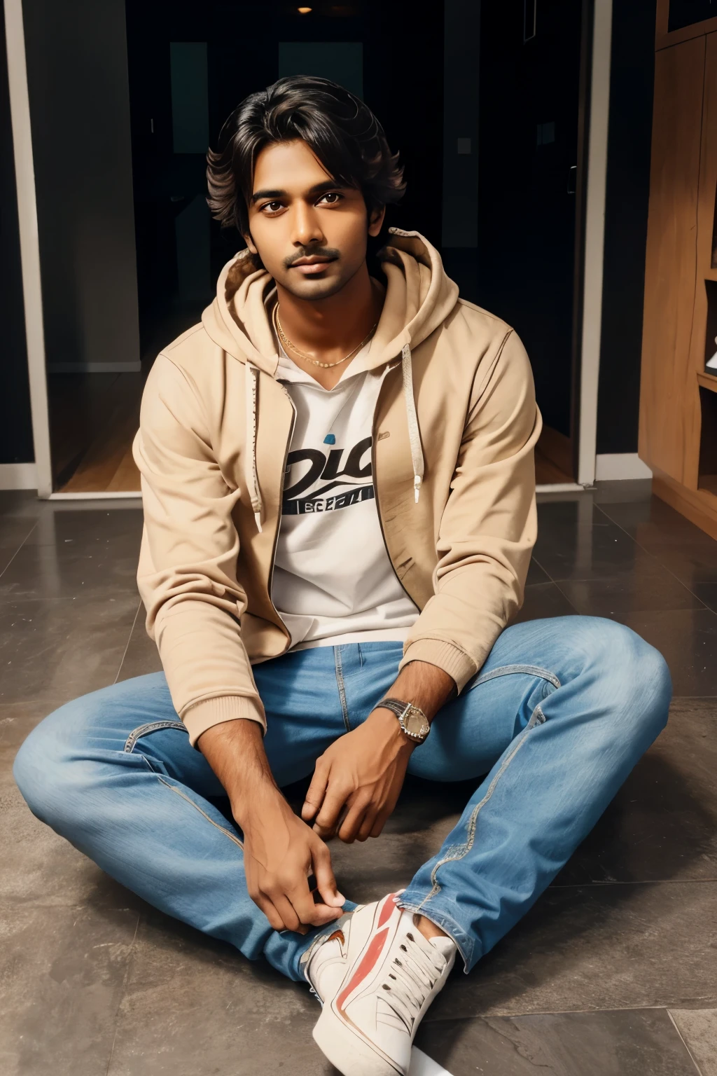 Indian guy, 5ft tall, brown eyes, messy hair, wearing a hoodie and jeans with shoes. average build, a bit skinny.