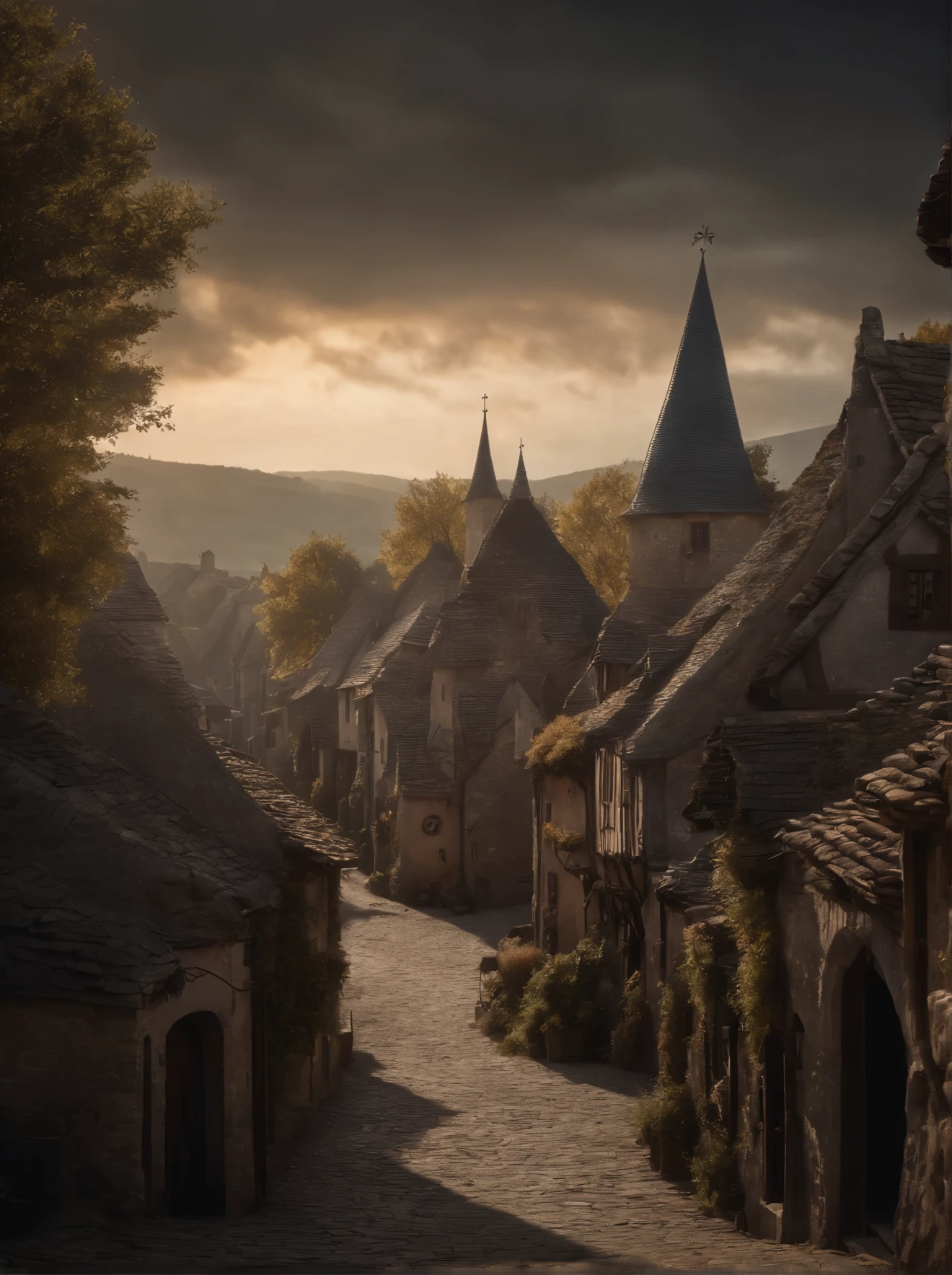 fantasy, scenery, dark background, ultra detailed, high detailed, sharp detailed, villages, trees, city, people, medieval