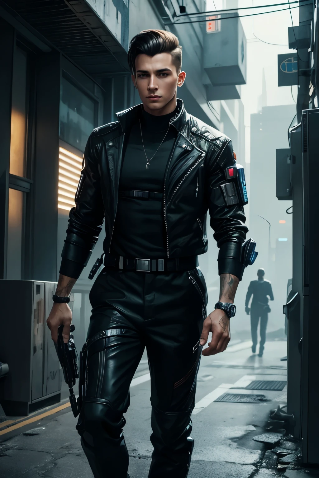 handsome young man, very short hair, jumpsuit, futuristic sci-fi cyberpunk setting