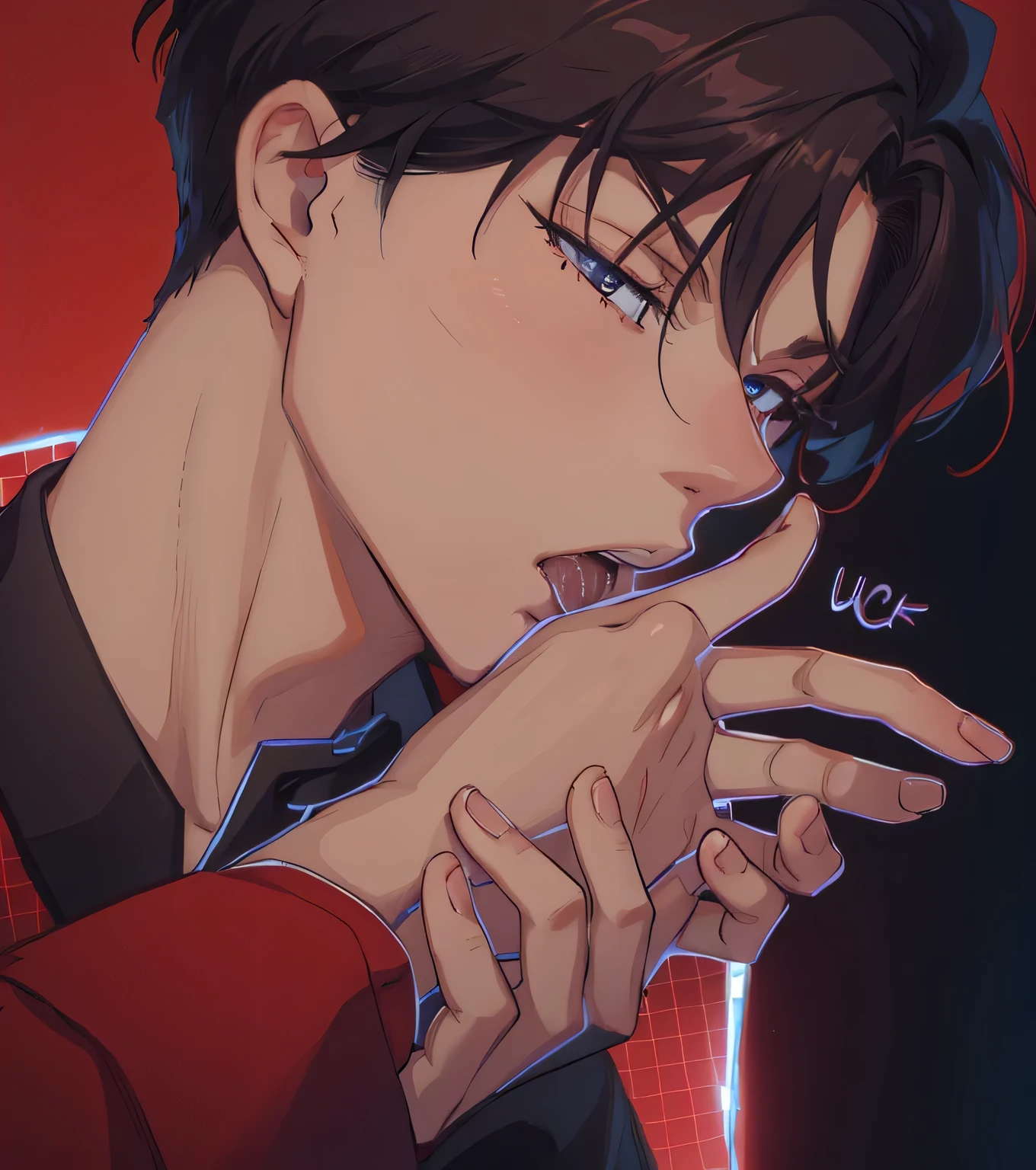 Man licking, tounge out, saliva, (boy), ((man)), short brown hair, briwn eyes, 1/2 face perspective half body, looking to side, full body