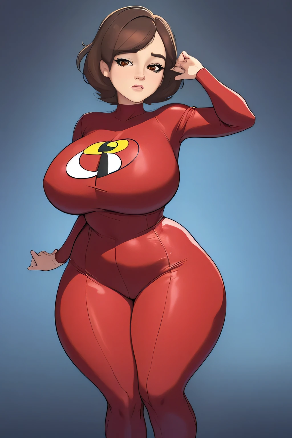 ((masterpiece)), ((photorealistic)), ((8k wallpaper)), ((best quality)), (perfect quality), solo, (detailed eyes), girl, Helen Parr, brown hair, short hair, very beautiful, young, pose: (sexy pose, front view, shy pose, standing), face : (young, makeup, (perfect face), thin face, detailed face, (simmetric face), (very beautiful face), very beautiful, cute face, young, big eyes), figure: ( (very full body), very full figure, (huge breasts), (very curvy), (very thicc), (very chubby), (very chubby belly), (very chubby belly bottom), very thick, wide waist, big deep navel, very soft, back rolls, fat rolls, (belly bulge), love handles, (sexy curves), sexy, muffin top, very thick thighs, thunder thighs) , clothes : (tight latex bodysuit, red bodysuit)