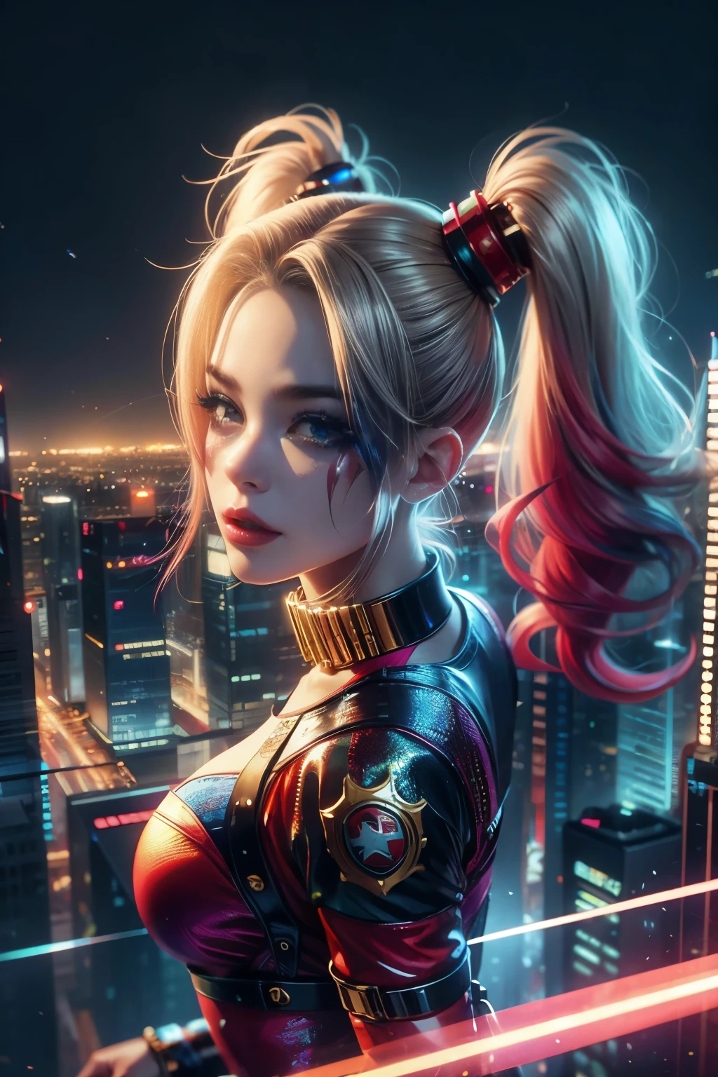 (high quality), (masterpiece), (detailed), 8K In a hyper-realistic digital rendering, a lone (Japanese girl1.2) stands amidst a futuristic cityscape, embodying the essence of (Harley Quinn1.3). Her vibrant attire clashes with the sleek, metallic surroundings, evoking a sense of rebellious energy. Trending on DeviantArt.