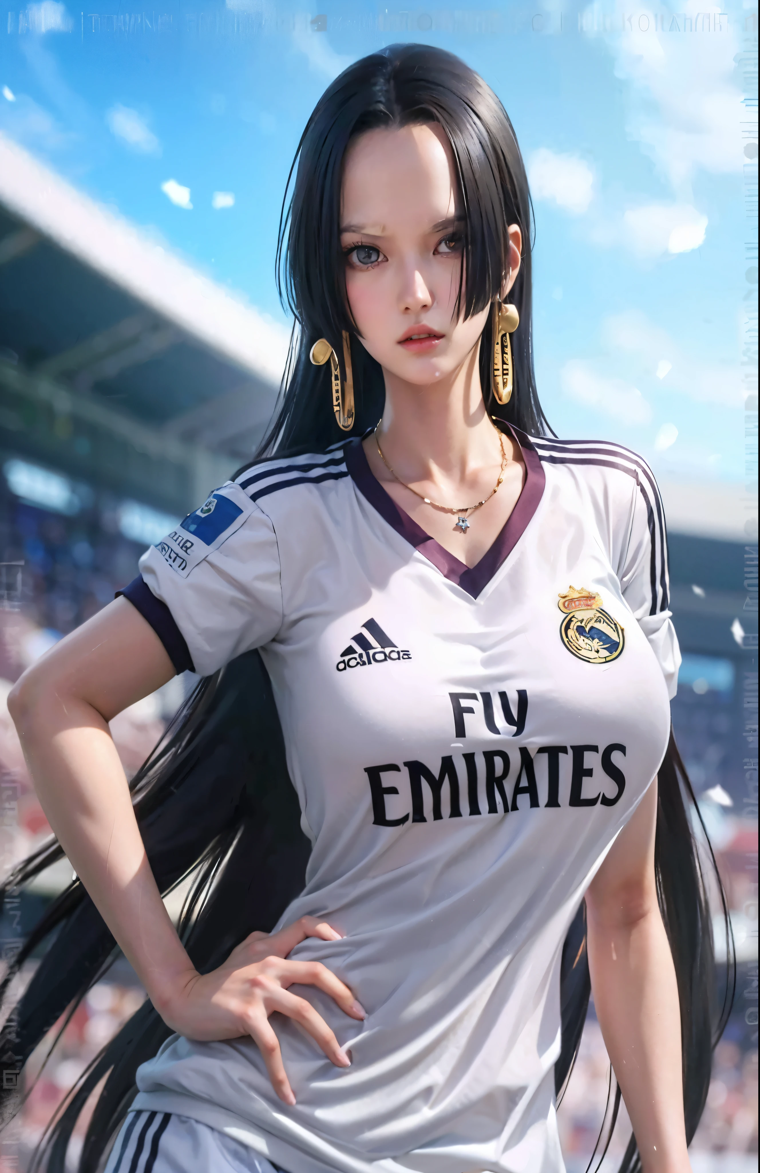 a close up of a woman in a soccer uniform with long hair, realistic anime 3 d style, by Ren Renfa, realistic anime artstyle, amazing wallpaper, beautiful anime woman, beautiful alluring anime woman, ilya kuvshinov with long hair, female anime character, official fan art, high quality anime artstyle, nico robin, realistic anime art style