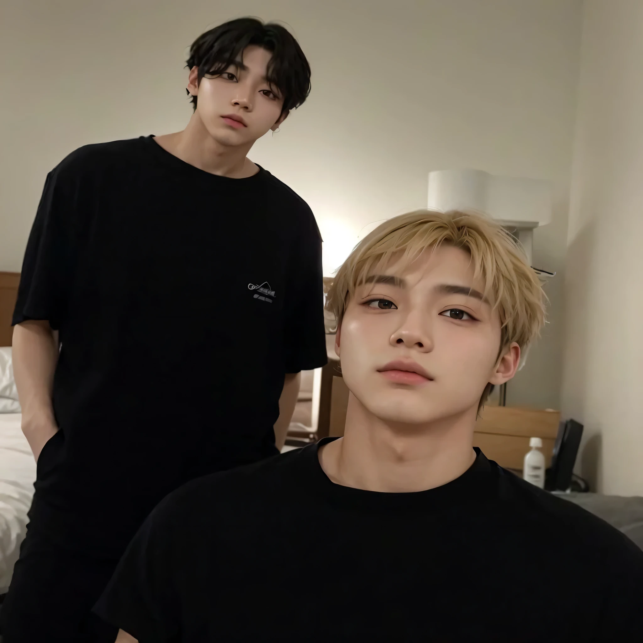 there are two men standing next to each other in a room, BTS, taken at the beginning of 2020, Jungkook, com o mesmo penteado, they are very serious, imagem de perfil, they are close to each other, they are brothers, he is wearing a black t-shirt, com preto, enquanto posava na mesma cama, taejune kim, 15:00, Korean male face, k-pop boy, Korean boy 