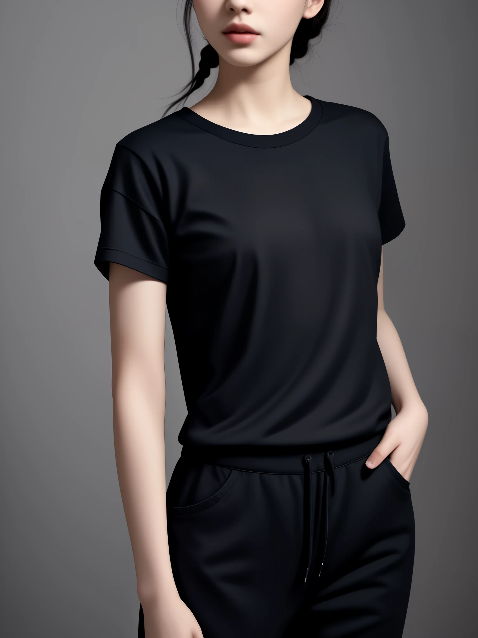 1 girl, Beautiful vintage color, watching viewer (Bright flashy red t-shirt (plain color), instagram (Photorealistic, High Resolution: 1.4), ((swollen eyes)), full - body (8K, RAW photo, Best Quality, Masterpiece: 1.2), (Realistic, Photorealistic): 1.37), (soft focus: 1.2), Professional lighting, Photon mapping, radiosity, physically based rendering, (White Skin Skin: 1.2), (Small: 1.2), viewer's gaze, (Medium Hair: 1.5), Portrait, Purple eye, (Silver hair: 1.1), Bangs, (Simple background: 1.4), 独奏, upper-body, Realistic, (Masterpiece: 1.4), (Best Quality: 1.4), (glossy skin), fashionable woman, makeup, Smile (Skinny, mouth closed, Shy: 1.3), (Standing, plain flashy red t-shirt and jeans, A Necromancer: 1.1), Medium bust, Front pillar, Hands folded behind his back, White wall background, No need for a picture on a t-shirt,
