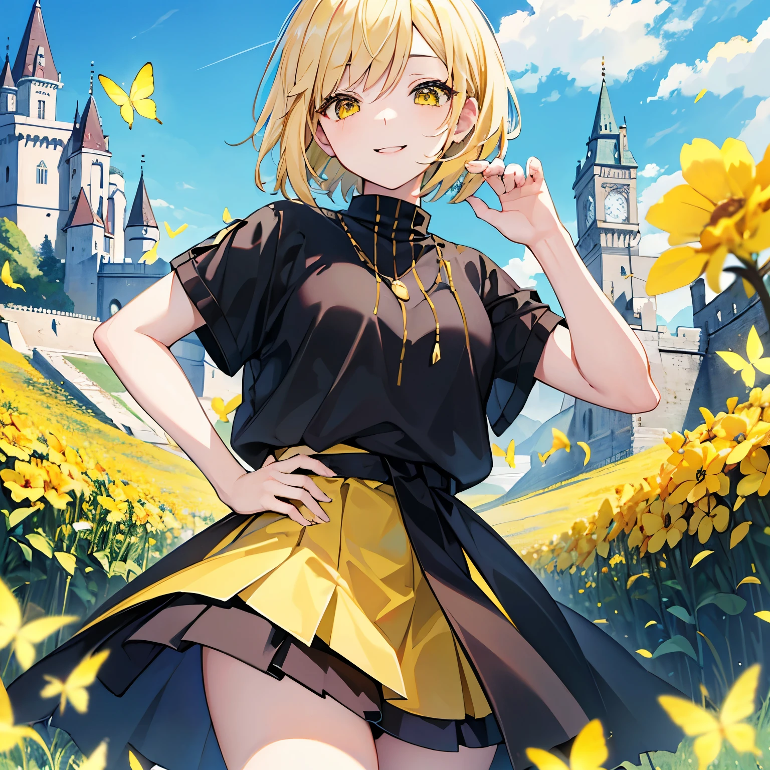 (masterpiece、4K、detailed)pretty girl、(blonde short bob hair、one person、looking at the camera、Beautiful yellow eyes、close up smile、cute clothes、black knit、yellow skirt)、grassland、yellow butterfly、I can see the castle in the distance