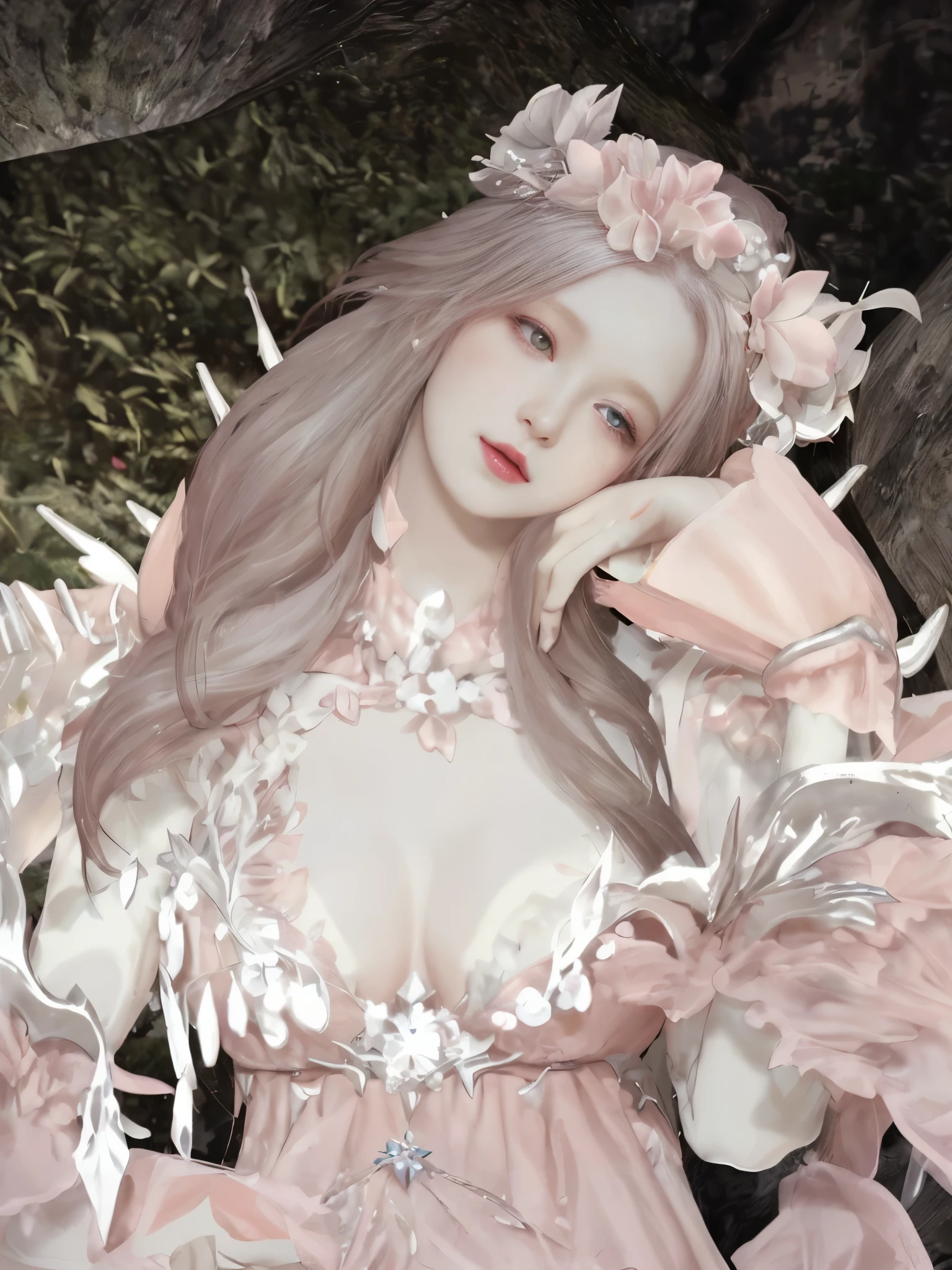 il y a une femme en robe rose avec un éventail, guweiz, 🌺 cg company, pale milky white porcelain skin, peau blanche en porcelaine, ethereal skin, chef-d'work of Guweiz, pale snow white skin, pale peau blanche en porcelaine, peau brillante, inspired by Sim Sa-jeong, ((une belle impératrice fantastique)), fairy, 4k detail fantasy