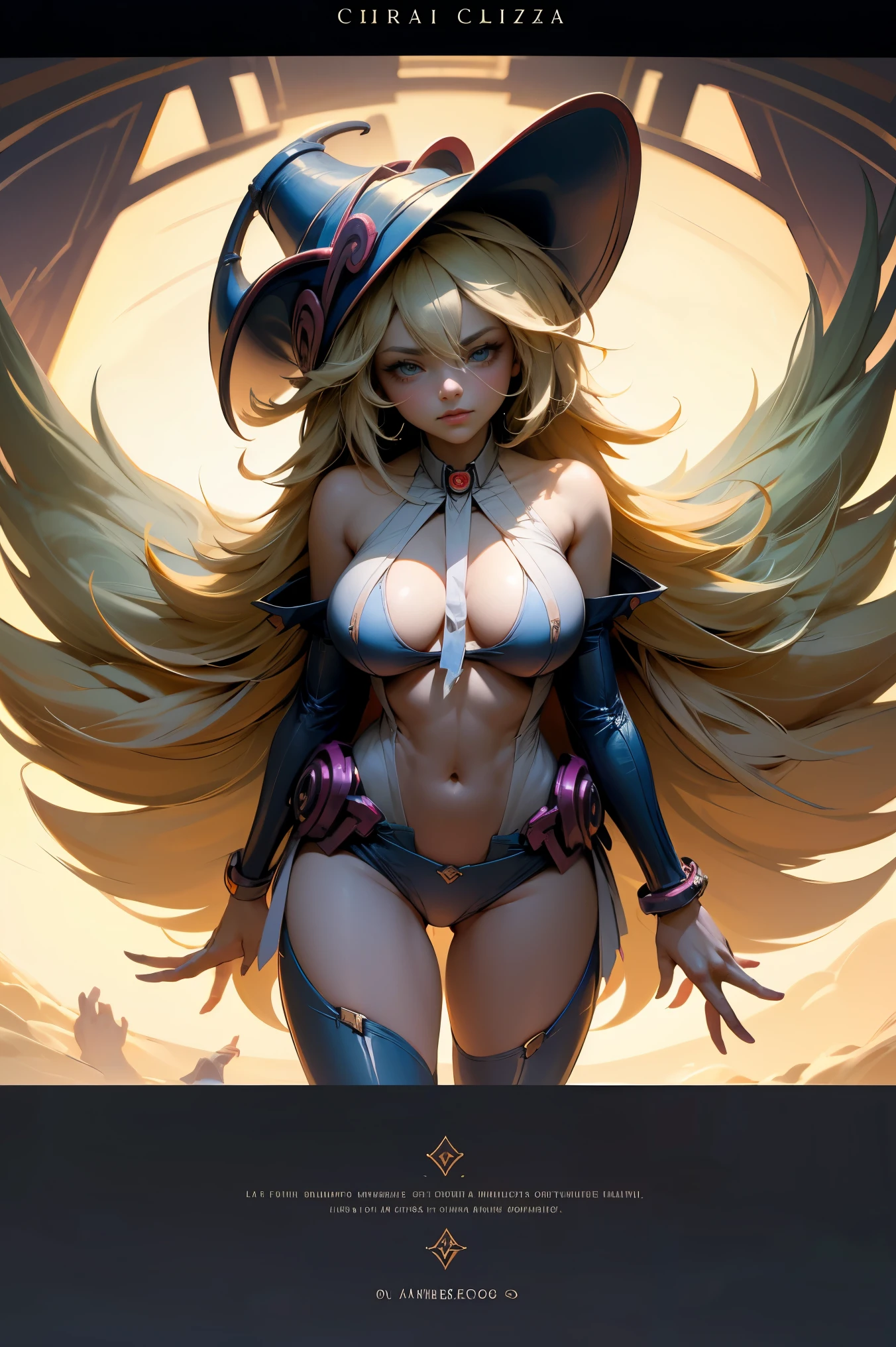 (Obra maestra:1.2), (La mejor calidad:1.2), perfect lighting, Chica Maga Oscura lanzando un hechizo, flotando en el aire, tetas grandes, escote, fondo de magia. Corazones transparente en el hambiente, bata azul, sombrero grande, desde arriba, Destellos, Yugioh Card en el fondo. En tacones y en bikini
