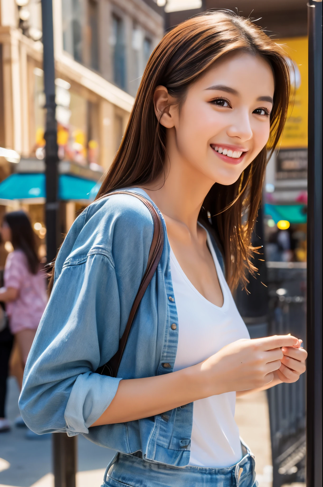 8K,A woman enjoying shopping in a big city,Super beautiful(like the real thing),boyish brown haired woman,casual outfit,shorts,smile,masterpiece,Photorealistic RAW photos of the highest quality。bright colors,rich colors, Backlight, cinematic lighting, film grain, to be born, 50MM lens, Nikon D850,super realistic skin,fantasy art,character art,ultra high resolution,realistic scale skin,Perfect hand shape,view audience,smile,beautiful expression,Close-up,muscular slim body,Makeup,