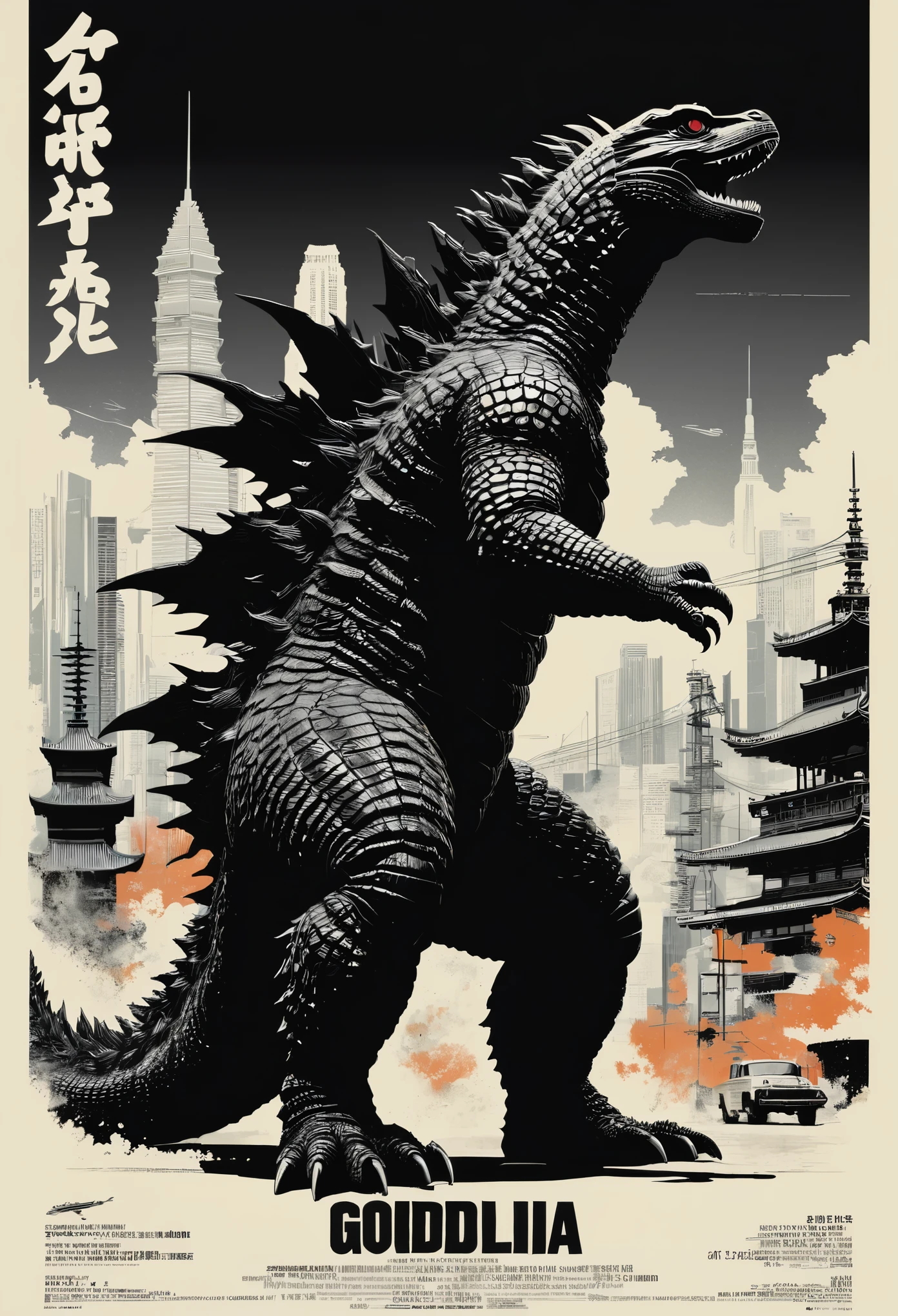 best quality,masterpicec,early，godzilla，from the side，graphic design，flat color，Poster，Vintage white with black tones，Sense of space，distinct colors，The light and shadow are clear，Best work of the year