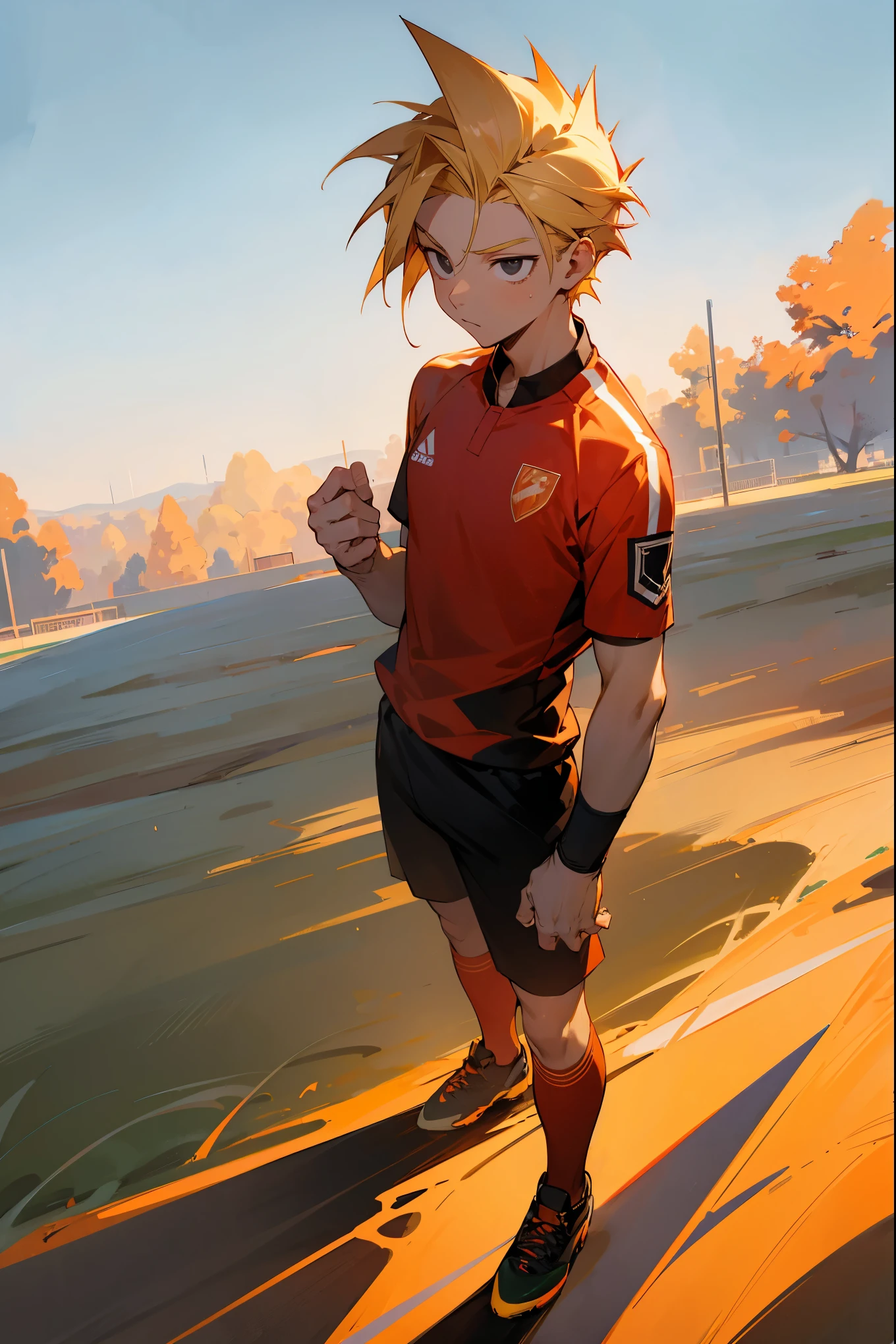 1male, blonde hair, oumbre hair, red frosted tips, black eyes, expressionless, soccer jersey, soccer field background, detailed background, standing on path