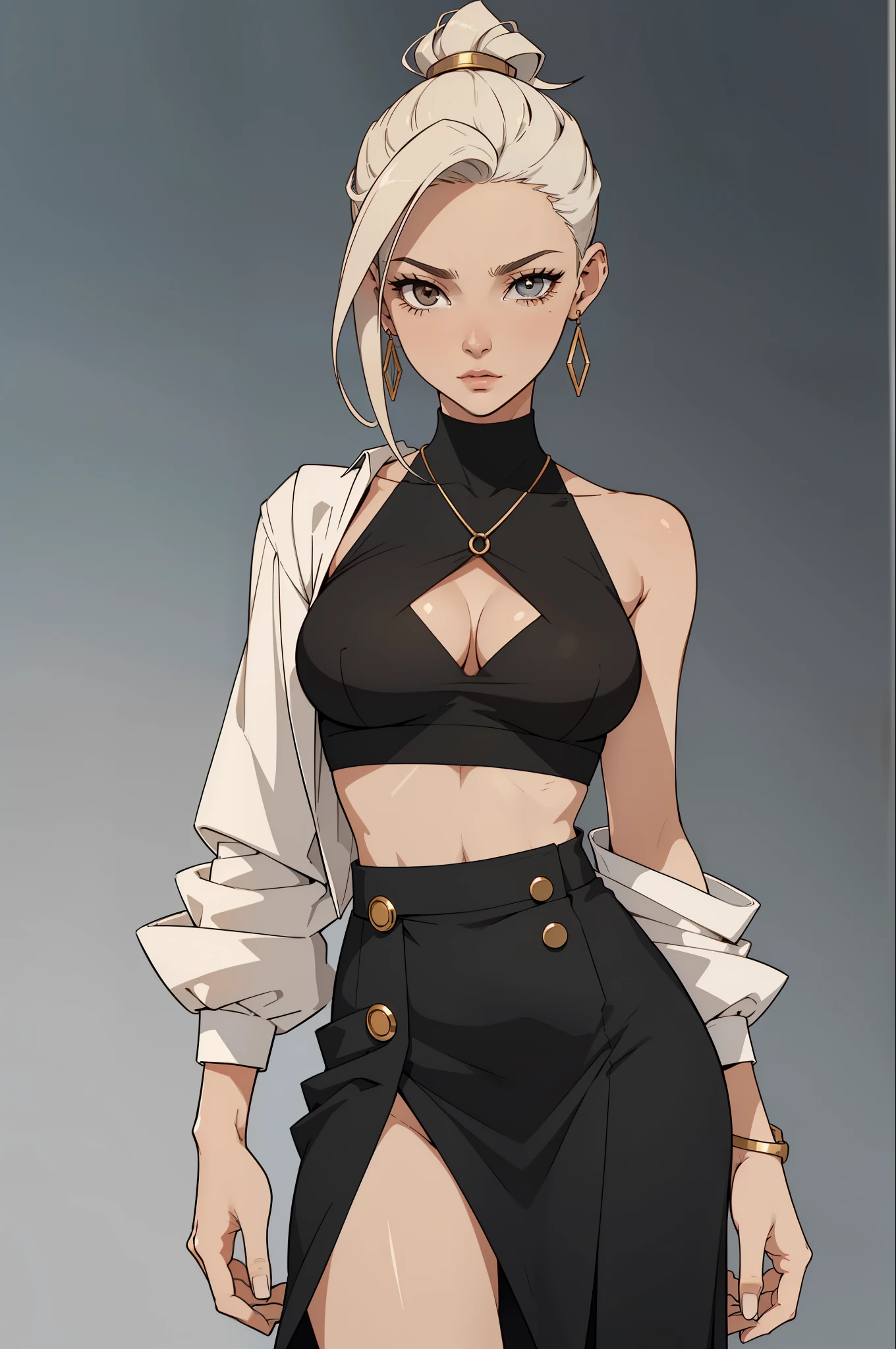 corpo todo, maquiagem, mascara, Lips are soft or colored, fundo preto simples, minimalismo, one woman, 25 years old, monotone, paletas de cores simples, limpo, deep v, Crisp drawings, silhuetas fluidas, secretary, skirt, Rocha, Saia, Asymmetric, geometric, roupas de officina, Simple and minimalist accessories, office wear, button up top, plunging neckline, cleavage, Necklaces and thin rings in silver or gold, Pulseiras simples, plain clothes, Designs diferentes, silhuetas simples, Estilo Diesel, garota punk, gold chain, gold jewelry, simple, minimalismo, materiais de alta qualidade, Fresh and urban printing, alta moda, Moda punk, camisa de banda, cor preta, sexy, moda oversized, roupa larga, aspecto, platinum blonde hair, pale skin, large breasts,