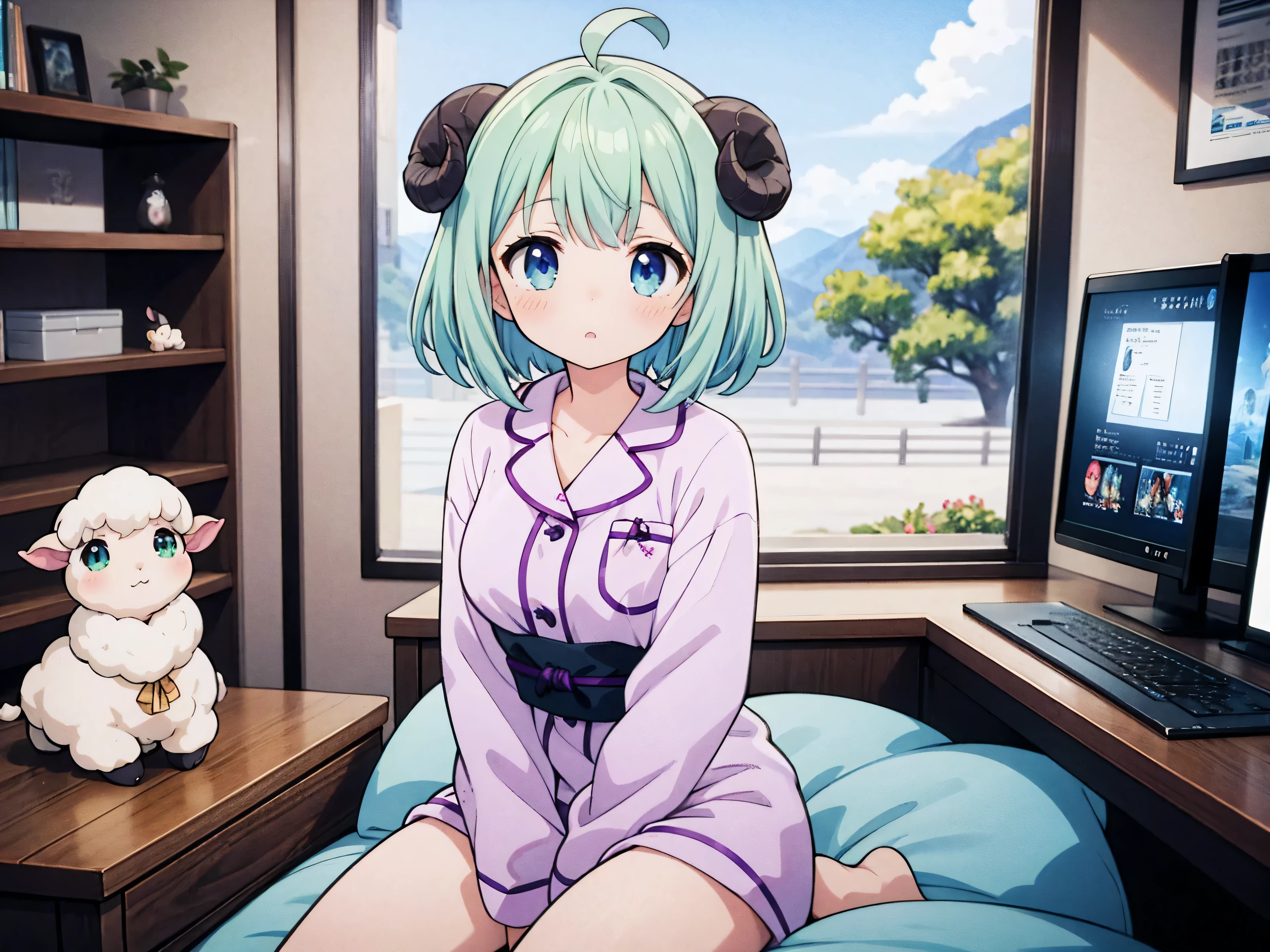 Sheep vtuber,shortcut,light blue hair、Inner purple, pajamas, Sheep world, Merino, pajama, green hair, playing game, streamer, holding sheep, two legs, using gaming pc, short hair, Japan house, 8k, masterpiece, looking at viewer, surprised, a girl
