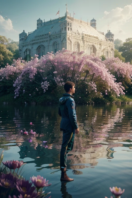 arafed image of a man standing in a lake surrounded by flowers, inspired by David LaChapelle, official artwork, by Mike Winkelmann, inspired by Mike Winkelmann, beeple and mike winkelmann, beeple masterpiece, amazing background, beeple and james jean, girl floating in a flower field, realm of life