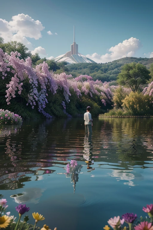 arafed image of a man standing in a lake surrounded by flowers, digital art inspired by David LaChapelle, shutterstock contest winner, conceptual art, official artwork, beeple and mike winkelmann, beeple masterpiece, amazing background, beeple and james jean, girl floating in a flower field, realm of life, the most beautiful scene