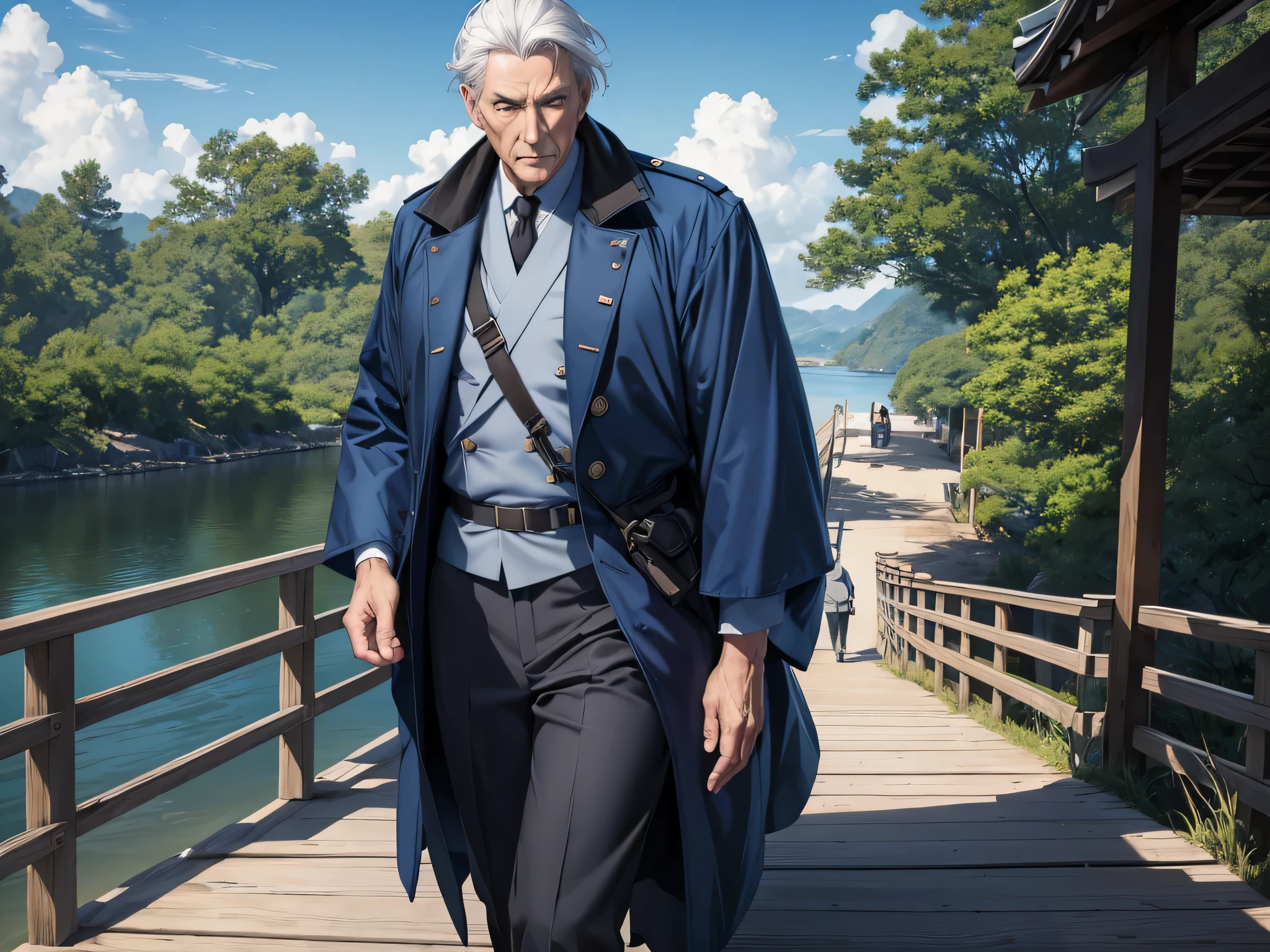 super fine illustration, Ultra high resolution, artwork, Highest quality, Perfect Lighting, Specific lighting, dramatic shadow, ray tracing, tall man, old man, 60 years old, strong, Japanese features, (short, straight, white hair) dressed in a simple blue military outfit, lieutenant rank, walking along a boardwalk, cloudy sky (masterpiece)