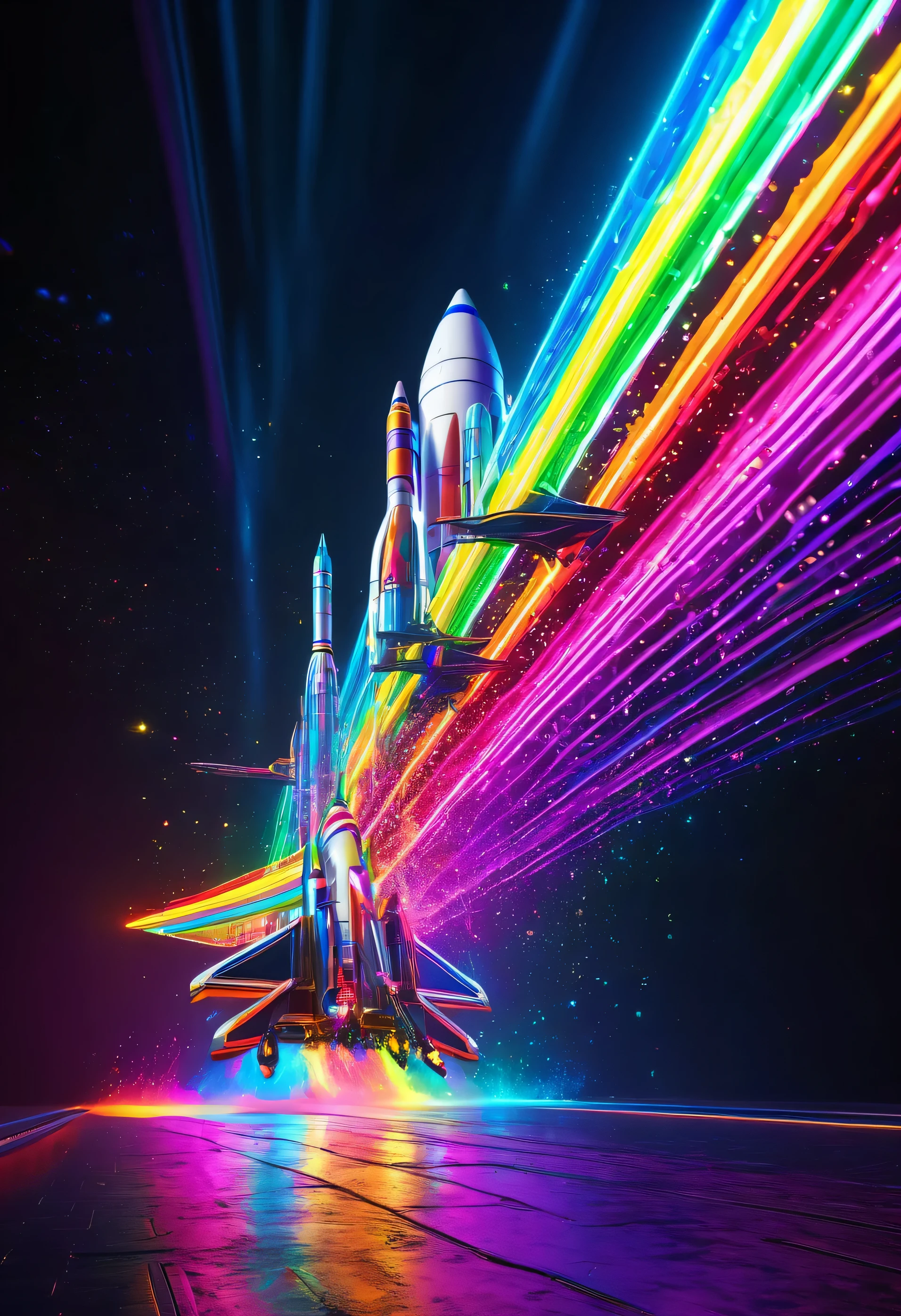 rocket ship, speed of light, hyperdrive::5 vibrant, neon, extreme rainbow stream::4 illuminated, intricate detail, cinematic lighting::1