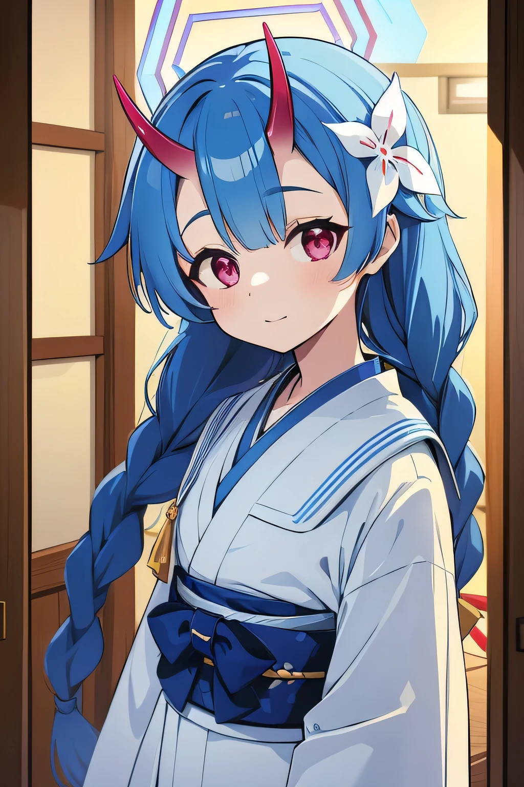 waraku chise, blue hair, sidelocks, twin braids, long braids, hair flower, red eyes, halo, oni horns, short kimono, bedroom, super happy, open door, 8k resolutions