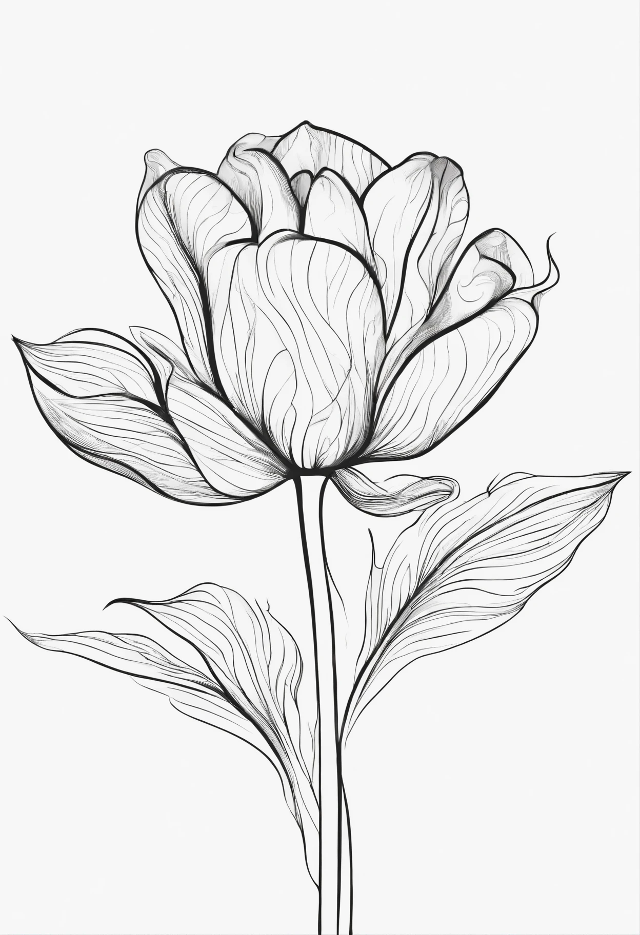 Black and white outline art coloring book pages, one Tulip flower ,in the medial, ultra details, all white, white background, inside white body, pencil style, white background, only outlines used, hand drawing style, just lines, coloring book, clean lines, background. White, coloring book style , no panting , coloring pages style
