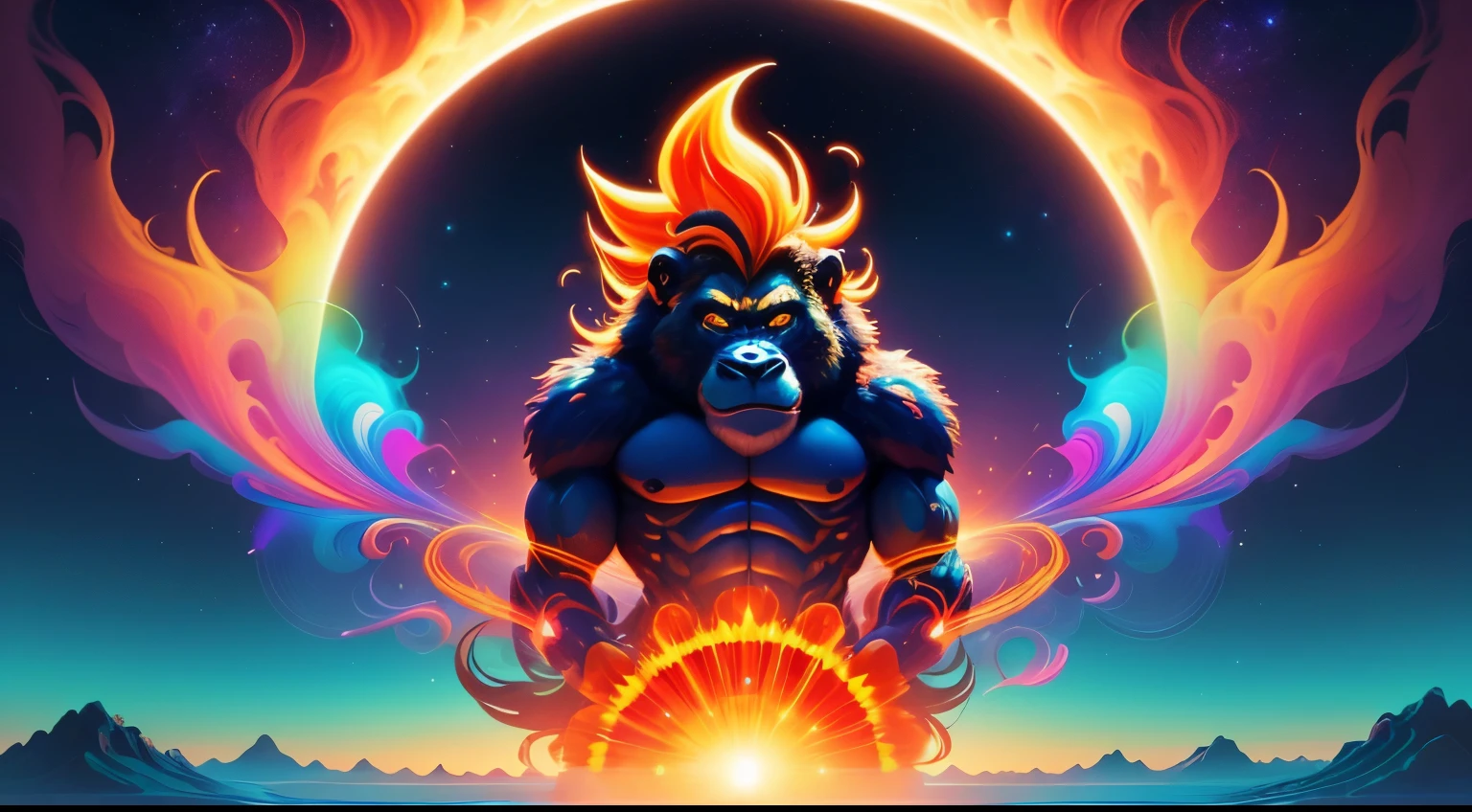A super saiyan gorilla standing on a sun-shaped object in the sky and dreaming about electric black holes, blurry and dreamy illustration, noite calma. digital illustration, Blurred and Dream illustration, Amédée Ozenfant, Dream illustration, no universo astral)) ), colorful ethereal surreal universe, No cosmic realm, na paisagem surreal e sonhadora, sombras claras, ondas, multiple layers, primeiro plano, vista, fractal trovão Dan Mumford, Dan Mumford e Alex estilo cinza, psychedelic surreal art, surreal psychedelic design, estilo de arte de fantasia, illusion psychedelic art, infinite psychedelic ondas , inspirado em Cyril Rolando, Actual ripple structure, psychedelic art style, psychedelic art, psychedelic illustration - V6, cores neon coloridas.