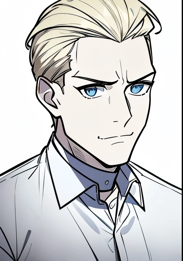 Young Adult male, white and tender skin, pale blonde slicked back combed short hair, kaiser mustache, ducktail beard, steel blue eyes, green and slightly mature, serious and emotionless facial expression, wearing white bottom long sleeve shirt with collar, portrait style, facing forwards