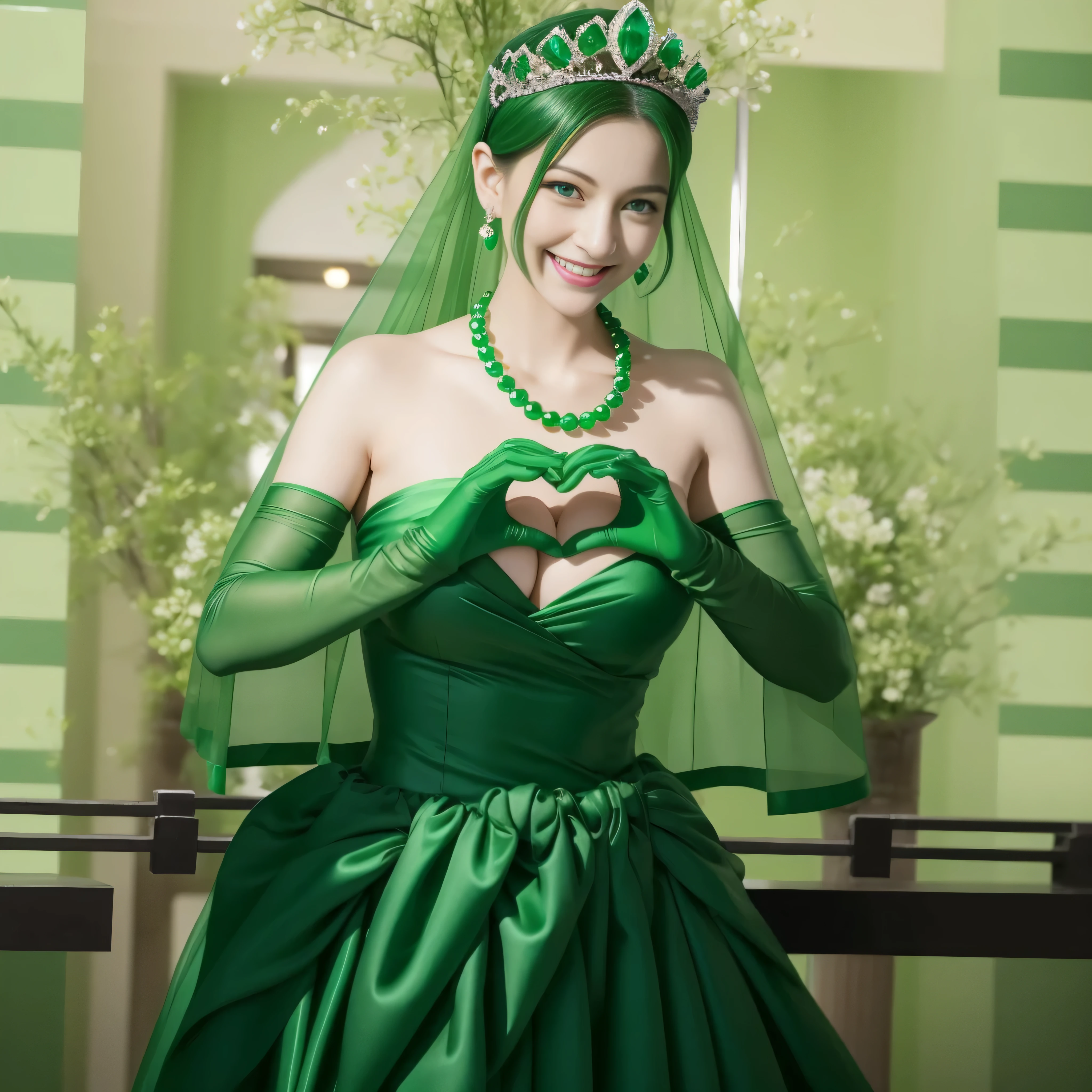 emerald tiara, green pearl necklace, Boyish black hair berry short, lipstick, Smiling Japan woman, very short hair,  big breasts beautiful, green eyes, Green long gloves made of satin material, green eyes, emerald earrings, Green Valley, Heart with both hands