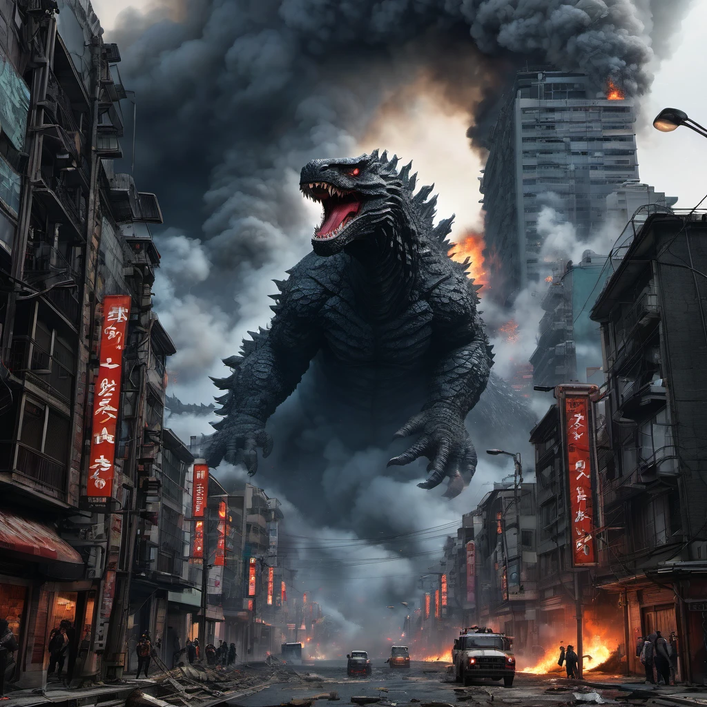 Godzilla, aesthetic, (best quality,ultra-detailed,photo-realistic:1.37),Godzilla,city destruction,fire-breathing monster,giant creature,dramatic lighting,breathtaking scale,Tokyo cityscape,roaring,destructive rampage,crumbling skyscrapers,terrified crowds,helicopters flying,scorching flames,chaotic scene,dark clouds,fear and chaos,monster emerging from the sea,dense smoke,rumbling footsteps,devastation,city in ruins,evacuation,heroic resistance,desperate fight,explosions,plumes of dust,streets in chaos,thick fog,emergency sirens,ruined infrastructure,dark atmosphere,rebuilding,post-apocalyptic landscape