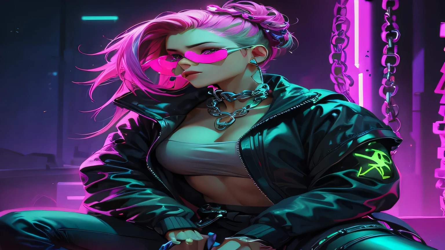 garota de anime cyberpunk , chaemed her, Pose elegante, visual ousado, neon green and pemk touch, brilho_em_o_escuro, holographic, visibly flowers and chaems around her, cabelo estiloso, preto_temted_oculos de sol, ((perfect shapes oculos de sol)), fundo da parede griffti, dramatic light