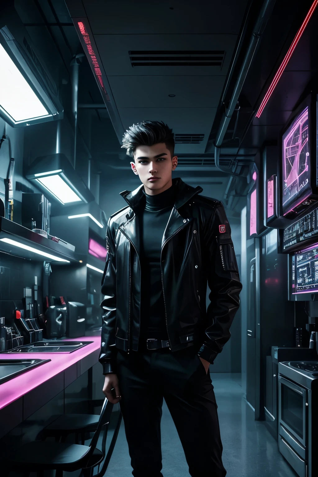 handsome 18-year-old man, very short hair, black outfit, futuristic sci-fi cyberpunk interior