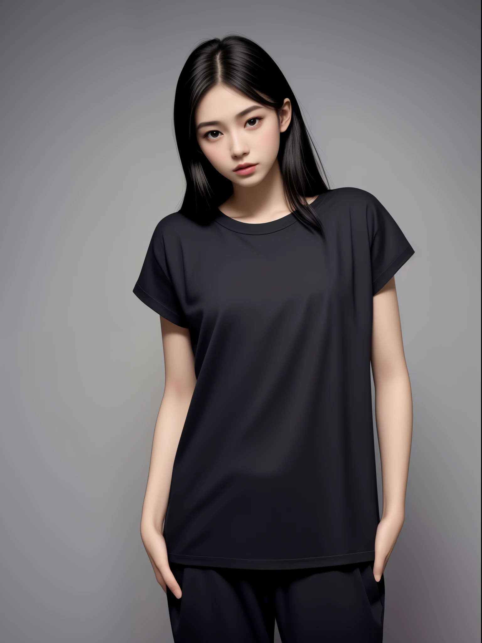 girl wearing a T-shirt, fully covered, baggy, flat black shirt, t-shirt, pretty girl, medium breasts, beautiful, model, hot face, background flat, flat color, Gray Background, full pants, sweatpants, sweatshirts, baggy clothes