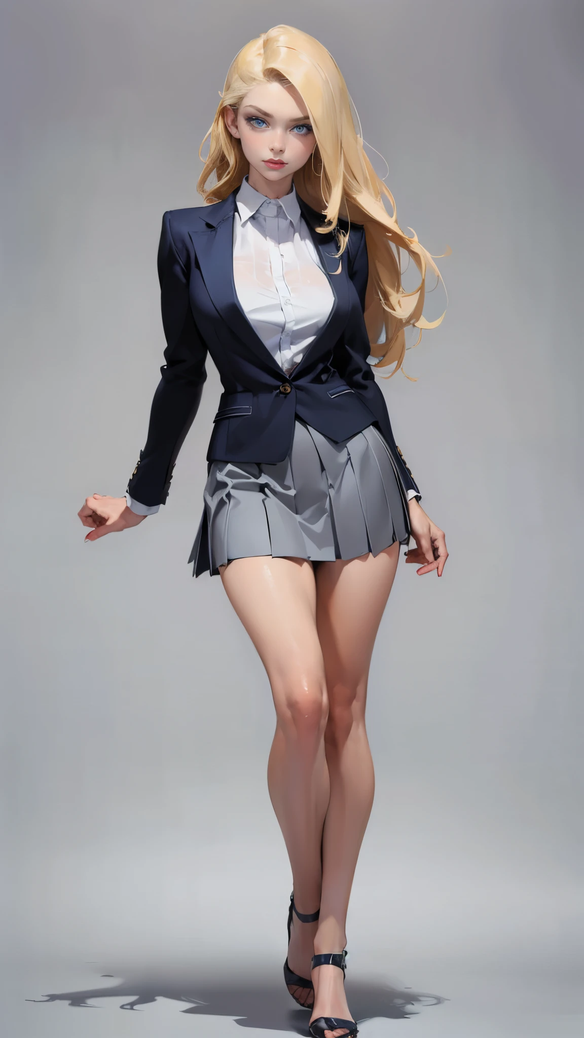 ((masterpiece,best quality,8k,highres)),((character concept art)), 1 female, young female, Instagram model, fashion model, 18 years old, (long curvy blond hair), Blonde hair, (fair skin colour), ultra finely detailed eyes (blue eyes colour), sexy, elegance, charming, smart, calm, perfect body build ((slim)), ((intricate detail)), super finely detailed hands, ultra finely detailed fingers(((ten fingers))), wearing school blazer white shirt and gray pleated short school skirt (standing still), (full body showcase), (show full body), (no logos on background), (no logo), ((plain background)), ((plain background)), (((empty background)))