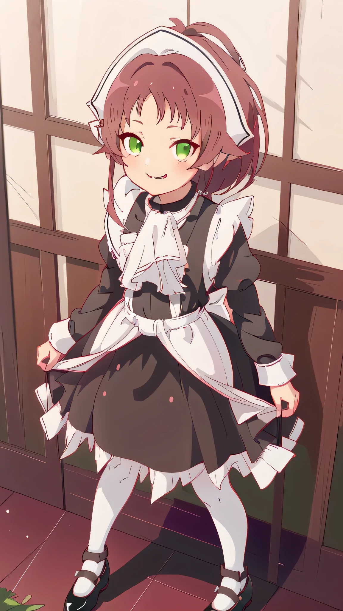 1 girl ,smug , maid, standing,  , aisha_greyrat, long maid outfit, black shoes , whole body, solo long sleeves , long black dress past knee, white tights, red hair, green eyes, anime style
