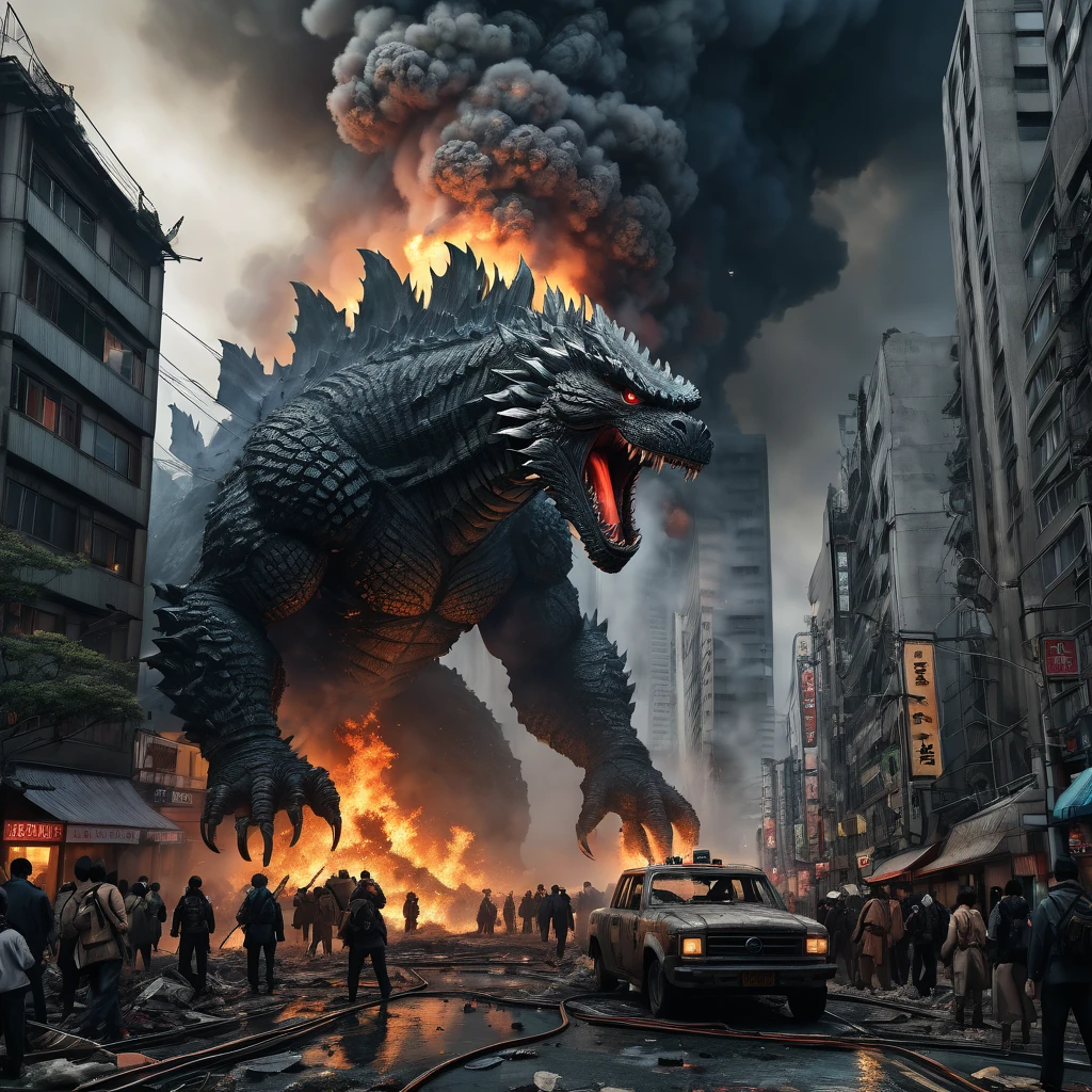 Godzilla, aesthetic, (best quality,ultra-detailed,photo-realistic:1.37),Godzilla,city destruction,fire-breathing monster,giant creature,dramatic lighting,breathtaking scale,Tokyo cityscape,roaring,destructive rampage,crumbling skyscrapers,terrified crowds,helicopters flying,scorching flames,chaotic scene,dark clouds,fear and chaos,monster emerging from the sea,dense smoke,rumbling footsteps,devastation,city in ruins,evacuation,heroic resistance,desperate fight,explosions,plumes of dust,streets in chaos,thick fog,emergency sirens,ruined infrastructure,dark atmosphere,rebuilding,post-apocalyptic landscape