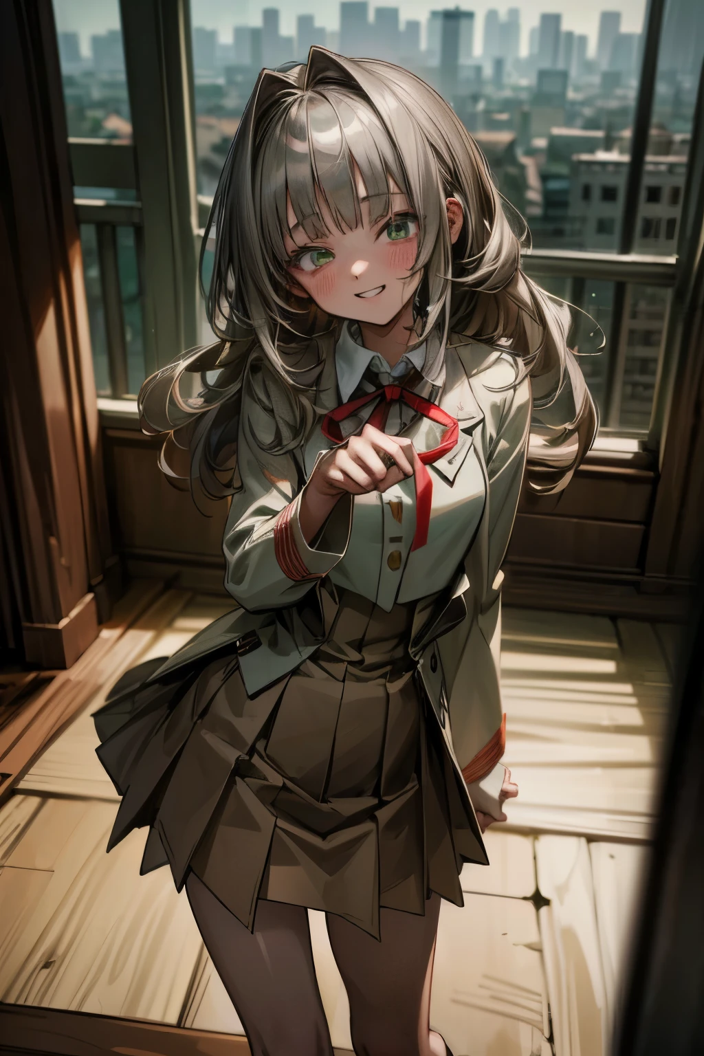((Masterpiece)), (Anime:1.5), ((best quality)), (RAW photo:1.2), (High Definition:1.3), (Professional Photography:1.2), (glowing light), 1girl, ((12 years old)), Textured skin, cinematic lighting, (1girl), short stature, standing on one leg, ((cute teenage young girl)), (very blunt bangs, slightly loose curls hair, breasts length hair, high details of pale silver hair), ((grin smile)), brilliant green eyes, (drooping eyes), (happy pose), slender waist, undress slovenly, (pale Ivory color blazer student's uniform), (white blouse), (brown skirt), school in cityscape, red string ribbon