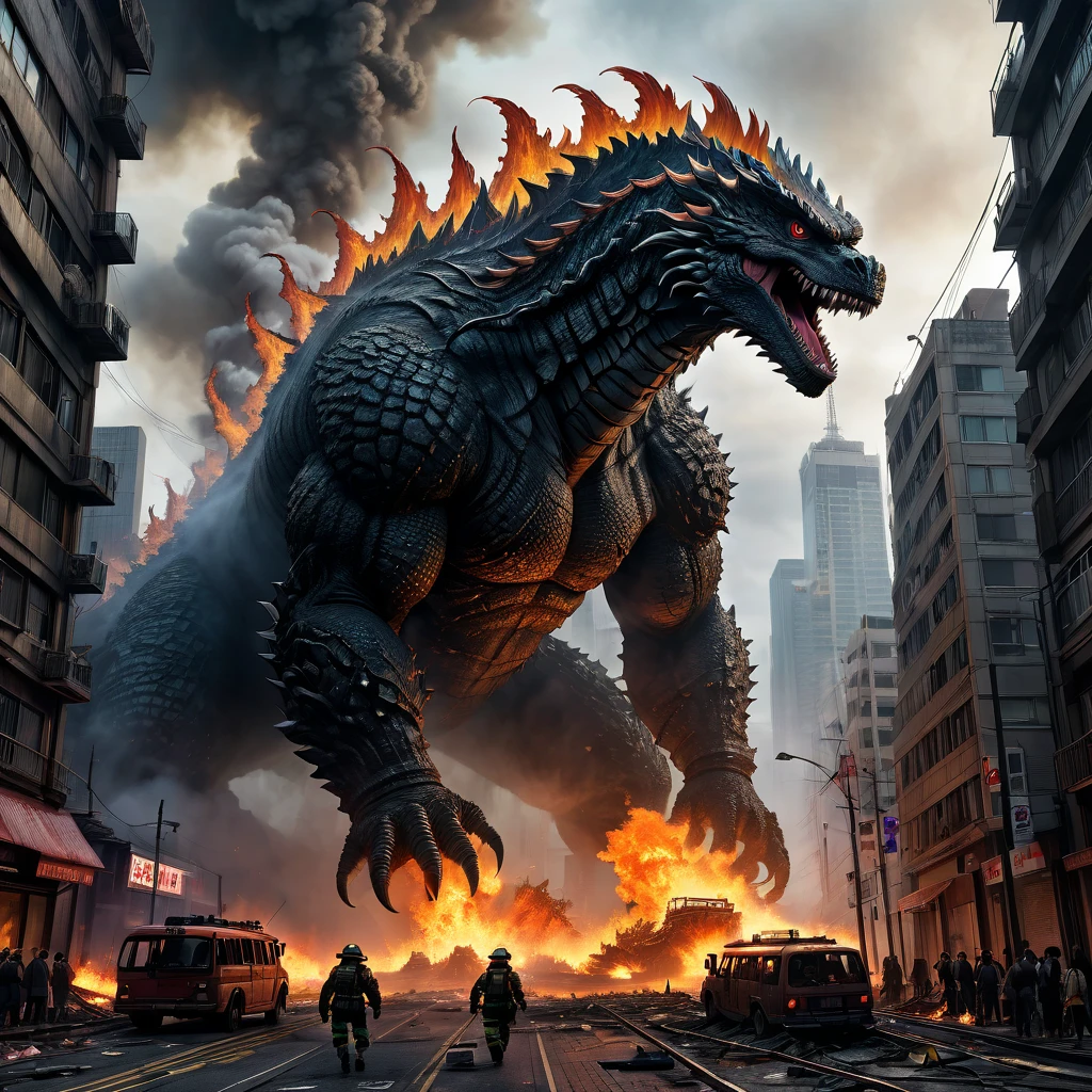 Godzilla, aesthetic, (best quality,ultra-detailed,photo-realistic:1.37),Godzilla,city destruction,fire-breathing monster,giant creature,dramatic lighting,breathtaking scale,Tokyo cityscape,roaring,destructive rampage,crumbling skyscrapers,terrified crowds,helicopters flying,scorching flames,chaotic scene,dark clouds,fear and chaos,monster emerging from the sea,dense smoke,rumbling footsteps,devastation,city in ruins,evacuation,heroic resistance,desperate fight,explosions,plumes of dust,streets in chaos,thick fog,emergency sirens,ruined infrastructure,dark atmosphere,rebuilding,post-apocalyptic landscape
