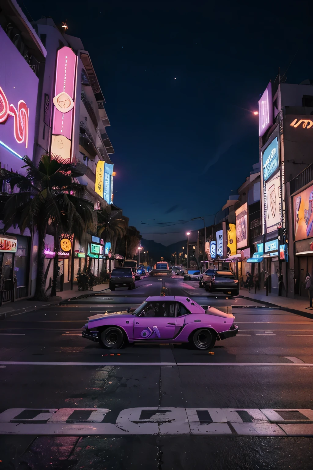 retroonda. cidade, robot, estrada, purple neon lights, sol, montanha, (obra de arte,detalhado,high resolution),