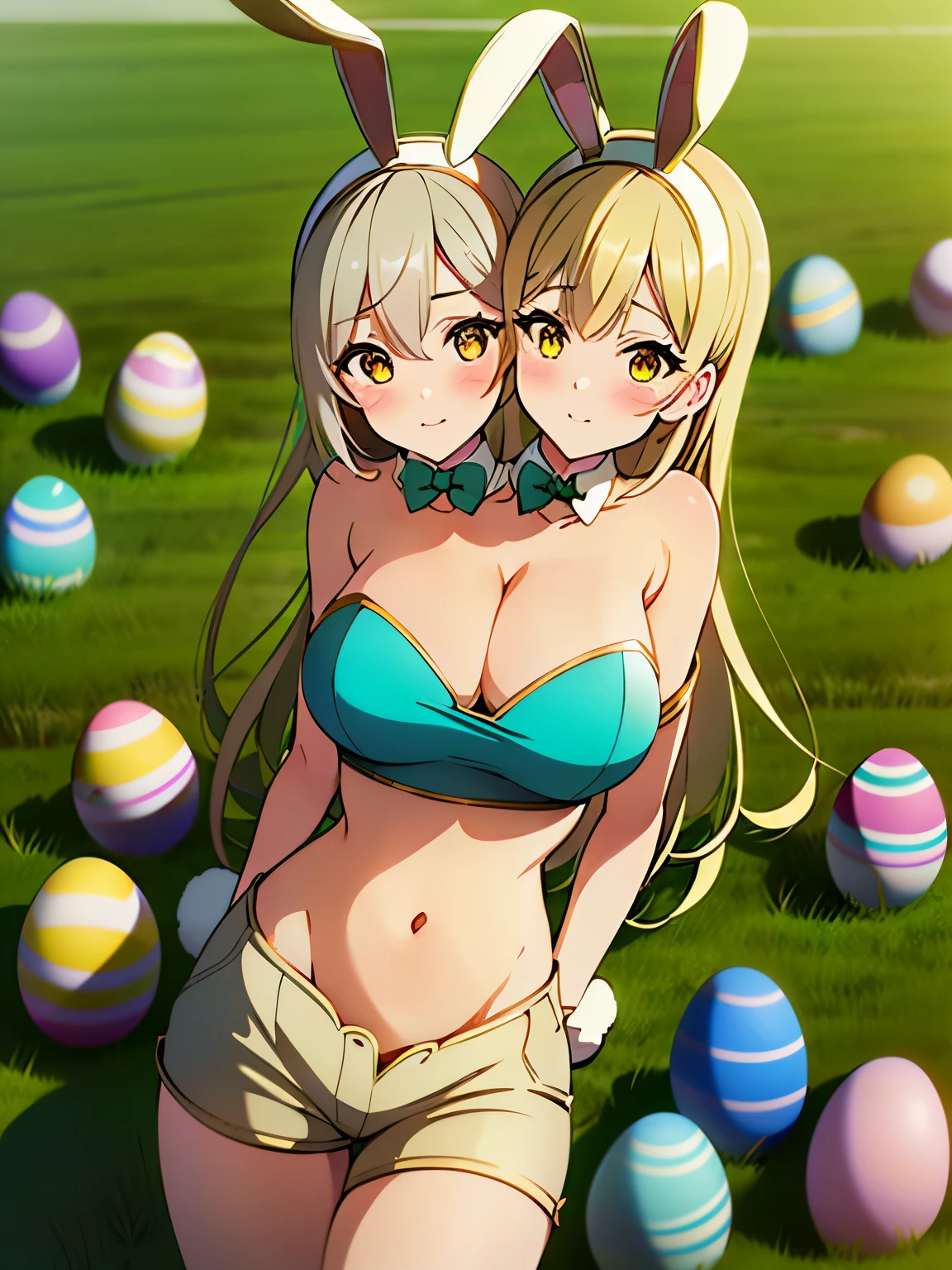 (masterpiece),(ultra-detailed), (high quality), (high resolution), (best quality:1.5, highres, UHD), highres, absurdo, ultra detail, ultra quality, ((2heads:1.5)), 1girl, ((long white hair)), (gold eyes:1.5), (rabbit ears headband:1.5), (different eye color), playboy rabbit costume, blushing, beautiful girl, Ultra resolution, 16k, detailed face, ((slim hips)), beautiful woman, (cleavage), (exposed midriff), crop top, shorts, ((Easter)), ((Easter eggs)), field, golden egg