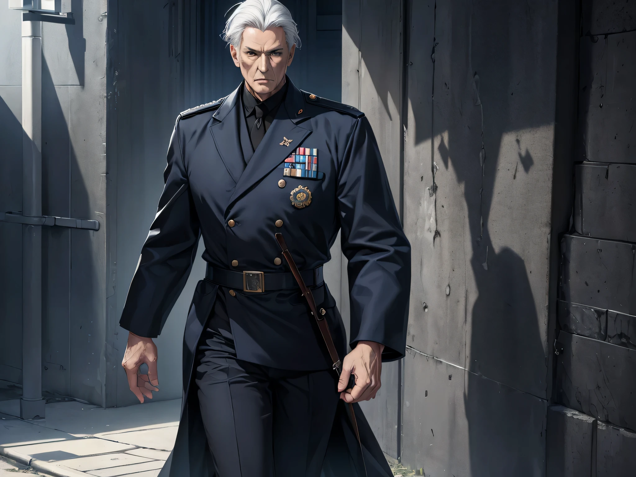 super fine illustration, Ultra high resolution, artwork, Highest quality, Perfect Lighting, Specific lighting, dramatic shadow, ray tracing, tall man, old man, 60 years old, strong, Japanese features, (short, straight, white hair) dressed in a simple blue military outfit, lieutenant rank, climbing a cement staircase, confident expression, white background, image from top to bottom (masterpiece)