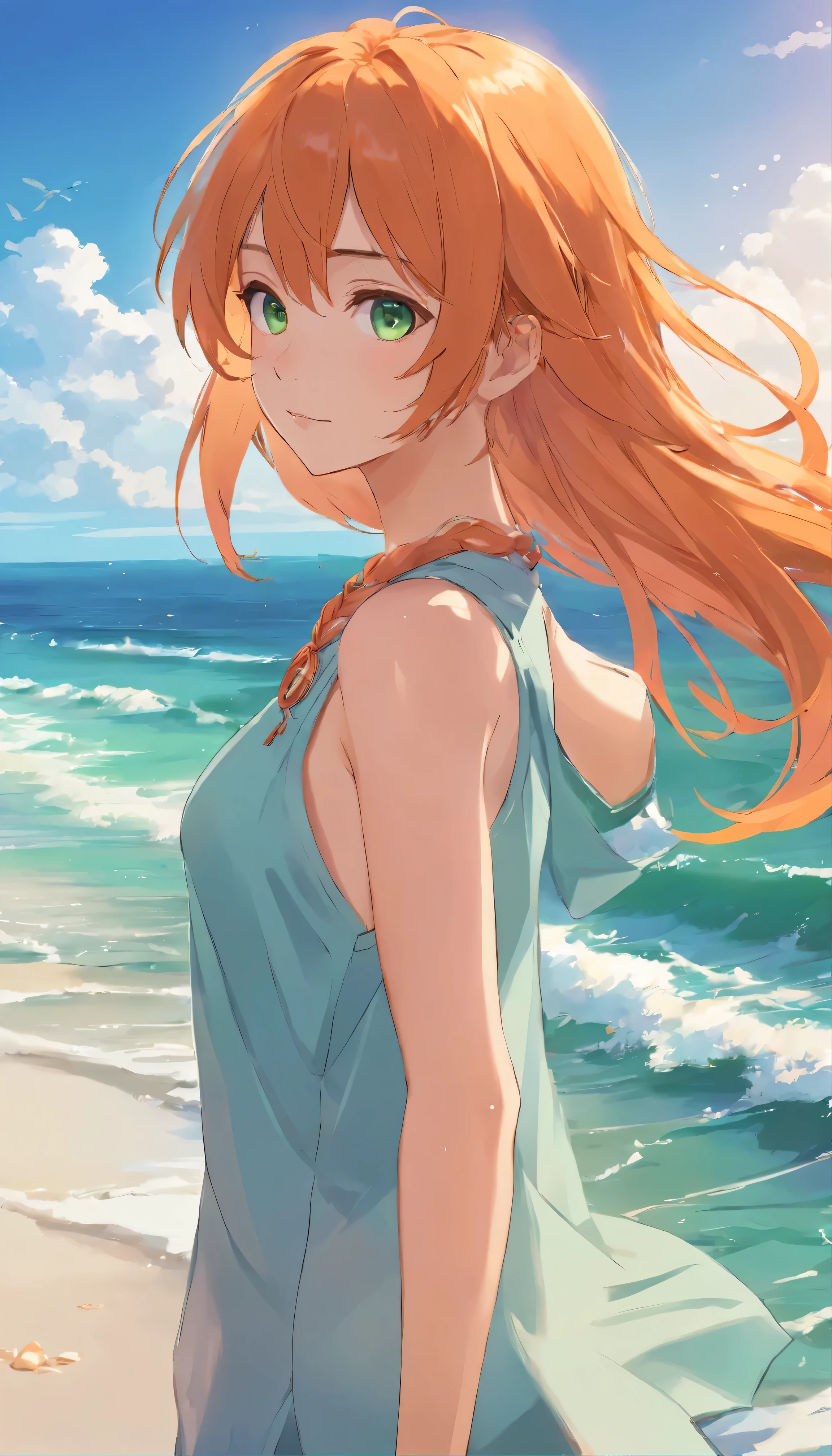 anime girl with long orange hair standing on beach near ocean, green eyes detailed digital anime art, anime girl with long hair, smooth anime cg art, anime girl with long hair, digital anime art, artwork in the style of guweiz, beautiful anime portrait, photorealistic anime girl render, beautiful anime girl, advanced digital anime art, guweiz on artstation pixiv upscale HD UHD HQ
