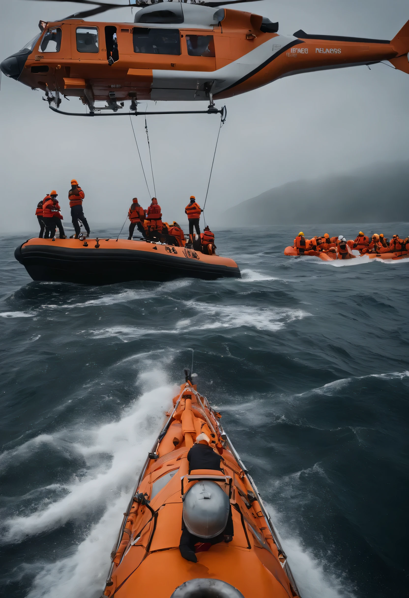 large crowd of people、Crew members of a ship wearing orange jackets in international rescue colors cling to lifeboats in rough seas, waiting for help.、Some people are drowning at sea because they can&#39;t get on a boat, and others are clinging to lifeboats.、boat people々A helicopter is flying overhead.、A powerful scene、News Footage、scoop、