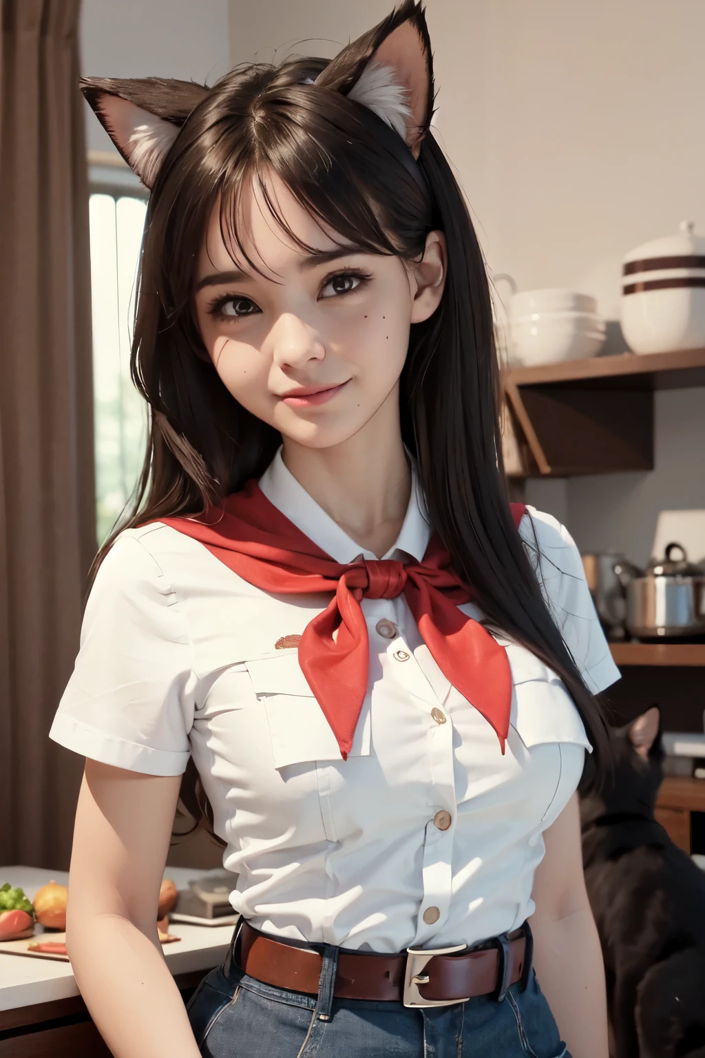 very young slim fit girl, at full height, rounded face, very long straight dark brown hair, big brown eyes, shy smile, accurate snub nose, perfect flat breast, band on head with fake cat ears, parororo, pioneer neckerchief, blue thight microskirt, bangs, shirt, collarbone, white shirt, short sleeves, collared shirt, belt, neckerchief, eyelashes, red neckerchief, breast pocket, monroe