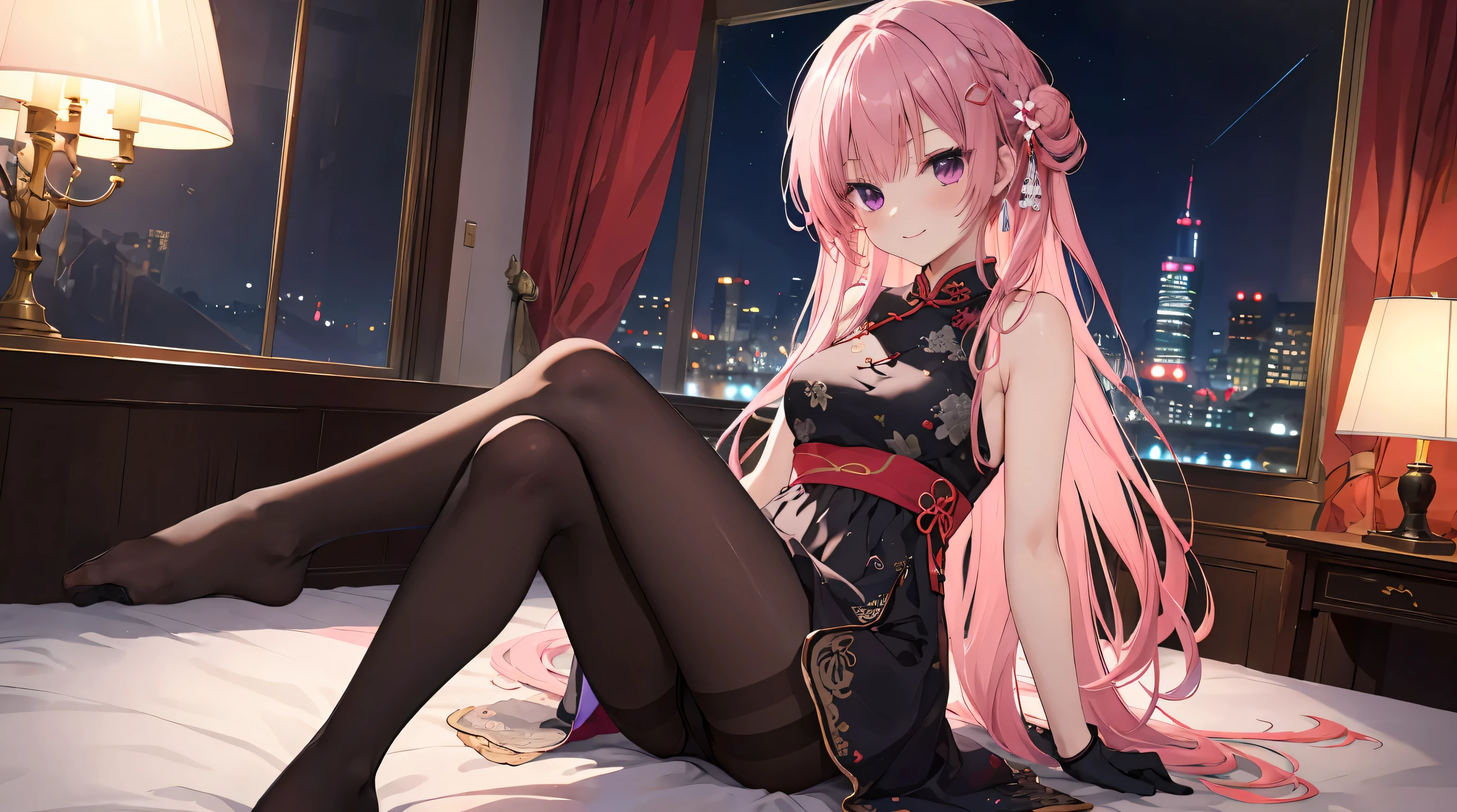 Chinese architecture,night chinese background, solo,a girl,170cm height,25CM bust,pink hair,cheongsam,black underwear,night,gentle,Smile, ((black pantyhose)),indoors,on the bed,(((bare arms))) ,black gloves,bare arms,mitsukasa ayase