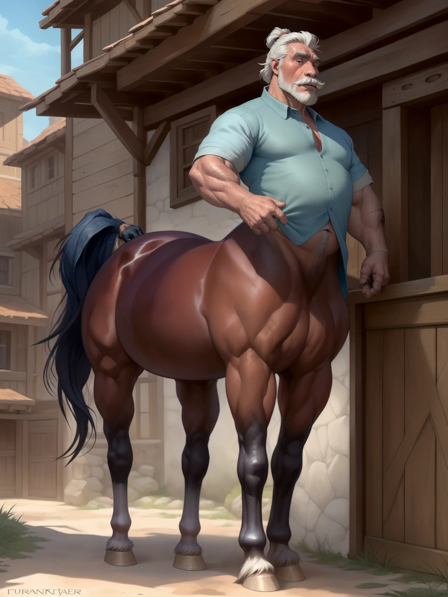 by Taran Fiddler, centaur, solo, alone, old, medieval town, male, grandpa, big hooves, bright white fur, white hair, white fur on legs, white fur on body, man bun, anatomically correct centaur, docked tail, cropped tail, human face, human nose, human eyes, horse ears, wide equine hips, thick thighs, elderly male, face wrinkles, mustache, facial hair, thick eyebrows, blue doublet, bottomless, giant equine body, small human torso, burn scars on hands, fingerless gloves, full body in frame, rolled up sleeves, tall, giant legs