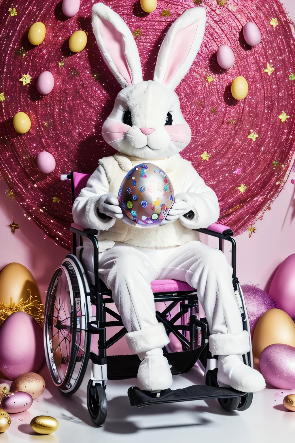 An Easter bunny in a wheelchair in front of a large Easter egg with tinsel. art. 8k