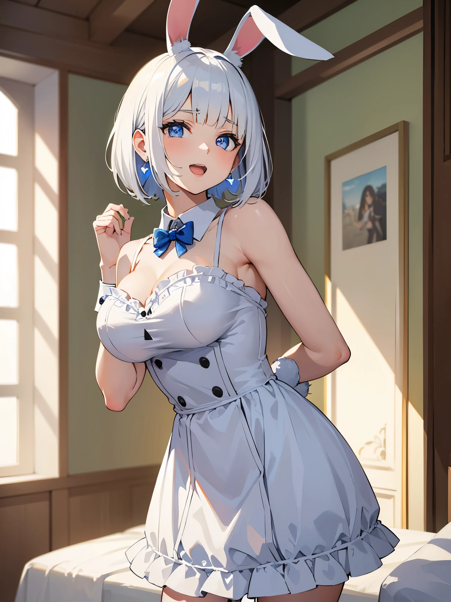(masterpiece:1.3), (best quality:1.3), high resolution, couboy shot, leaning forward, body facing forward, (one cute girl:1.3), solo, white skin, big Breast, eight-headed person, light white hair, (bobbed hair:1.2), (short hair:1.1), (blunt bangs:1.2), beautiful hair, blue eyes, beautiful detailed eyes, open mouth, heart, cheerful smile, (rabbit ears:1.3), one piece dress, frill, white and blue clothes, miniskirt, earrings, indoors, bed, shadowlighting, far from the object, greeting, hand greeting