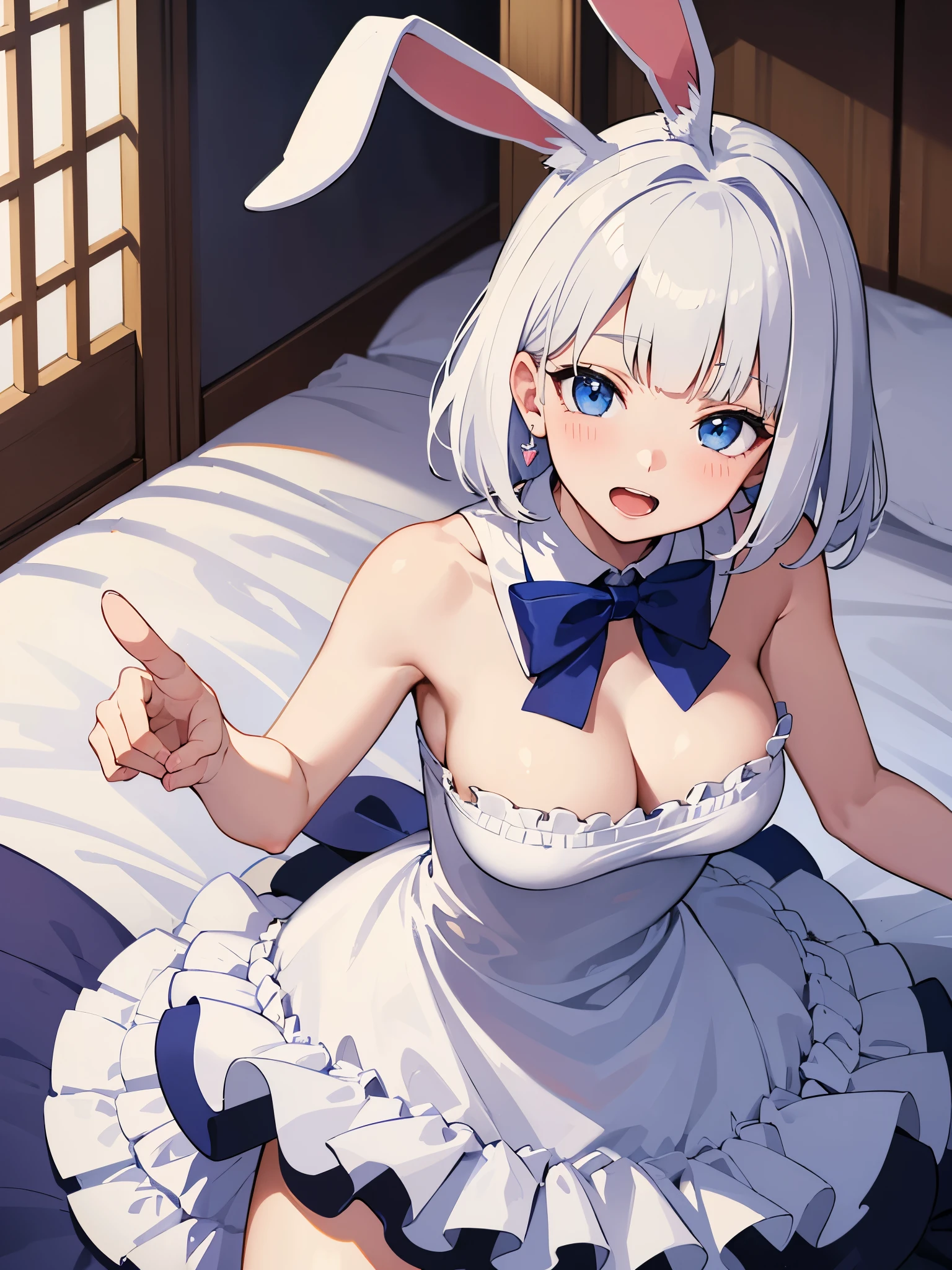(masterpiece:1.3), (best quality:1.3), high resolution, couboy shot, leaning forward, body facing forward, (one cute girl:1.3), solo, white skin, big Breast, eight-headed person, light white hair, (bobbed hair:1.2), (short hair:1.1), (blunt bangs:1.2), beautiful hair, blue eyes, beautiful detailed eyes, open mouth, heart, cheerful smile, (rabbit ears:1.3), one piece dress, frill, white and blue clothes, miniskirt, earrings, indoors, bed, shadowlighting, far from the object, greeting, hand greeting